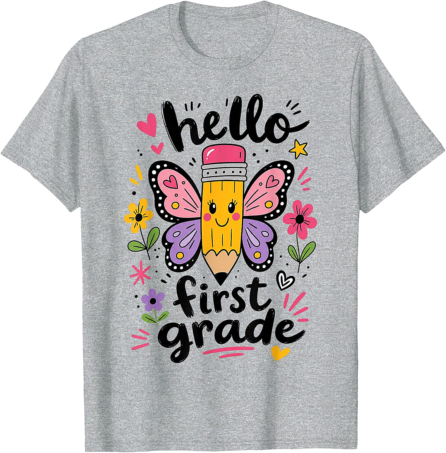  Hello First Grade Pencil Butterfly T-Shirt Back to School