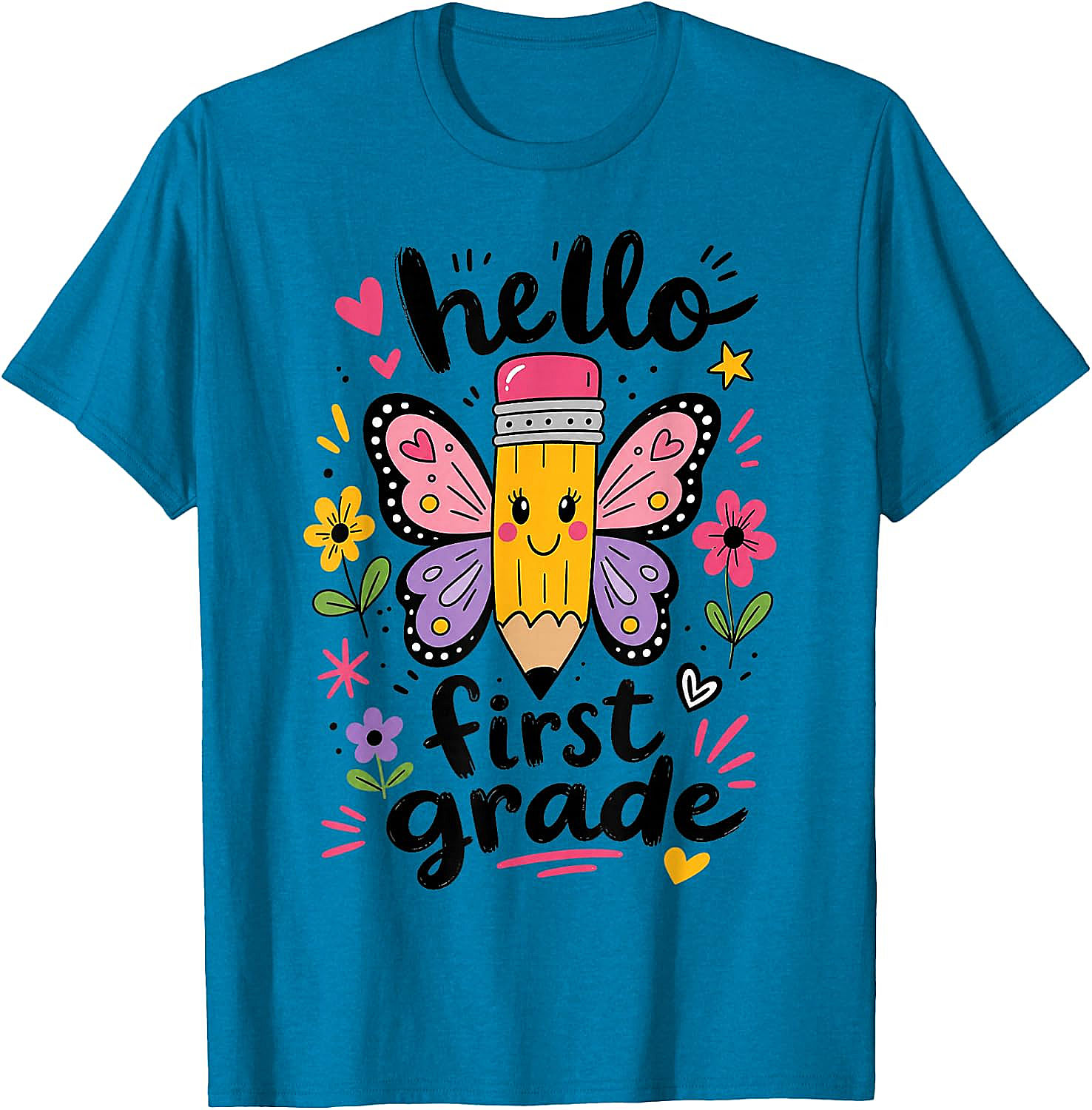  Hello First Grade Pencil Butterfly T-Shirt Back to School