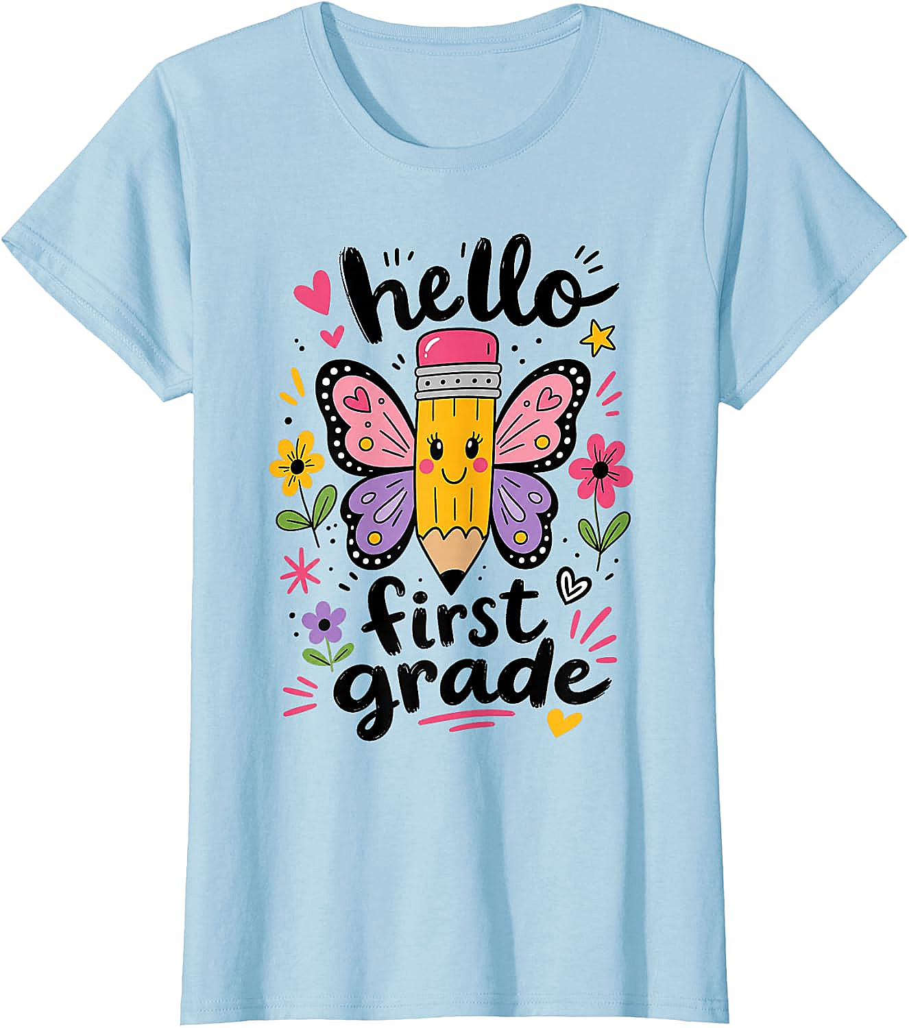  Hello First Grade Pencil Butterfly T-Shirt Back to School