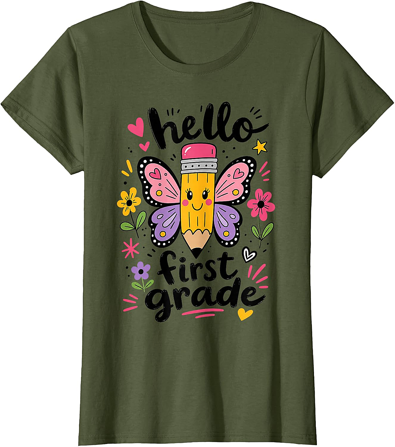  Hello First Grade Pencil Butterfly T-Shirt Back to School
