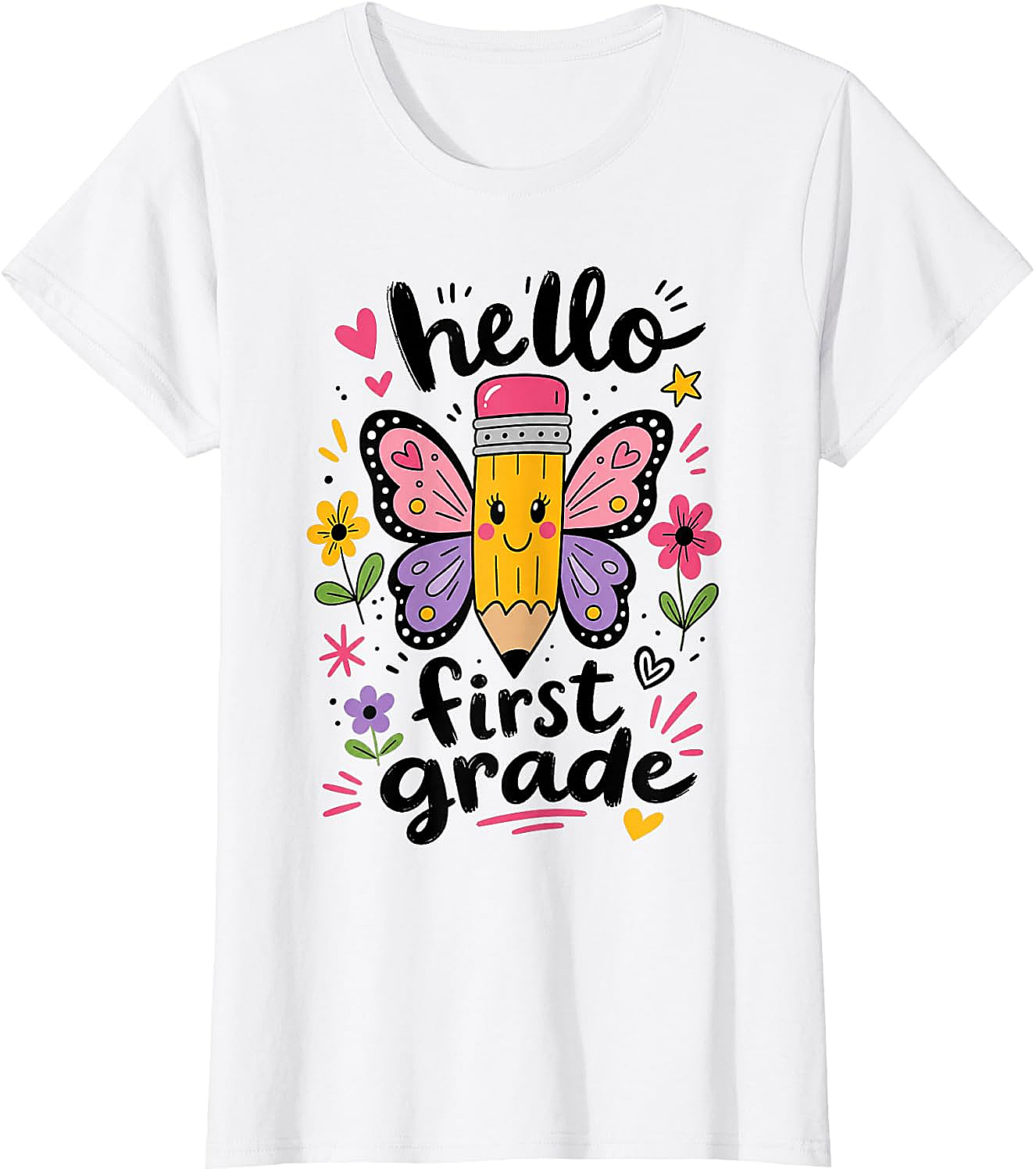  Hello First Grade Pencil Butterfly T-Shirt Back to School