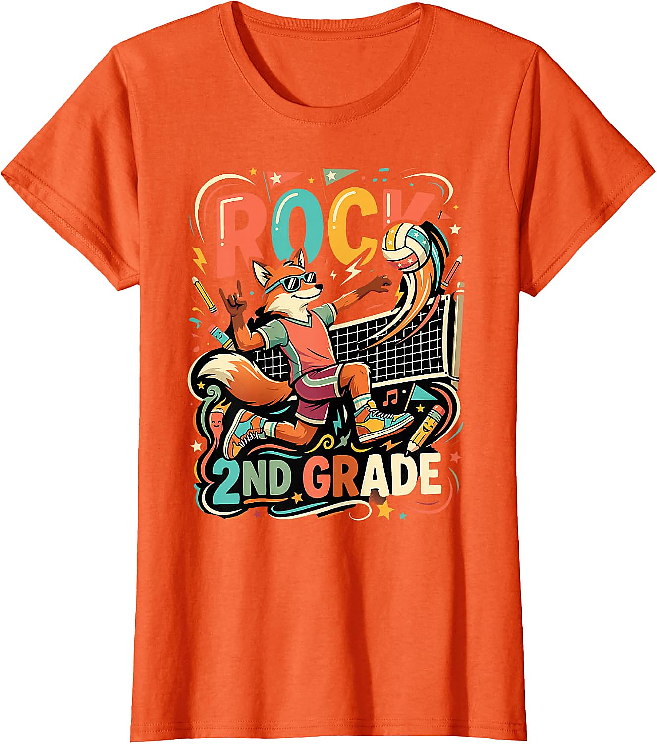 Rock 2nd Grade Fox Volleyball T-Shirt for Kids | Back to School