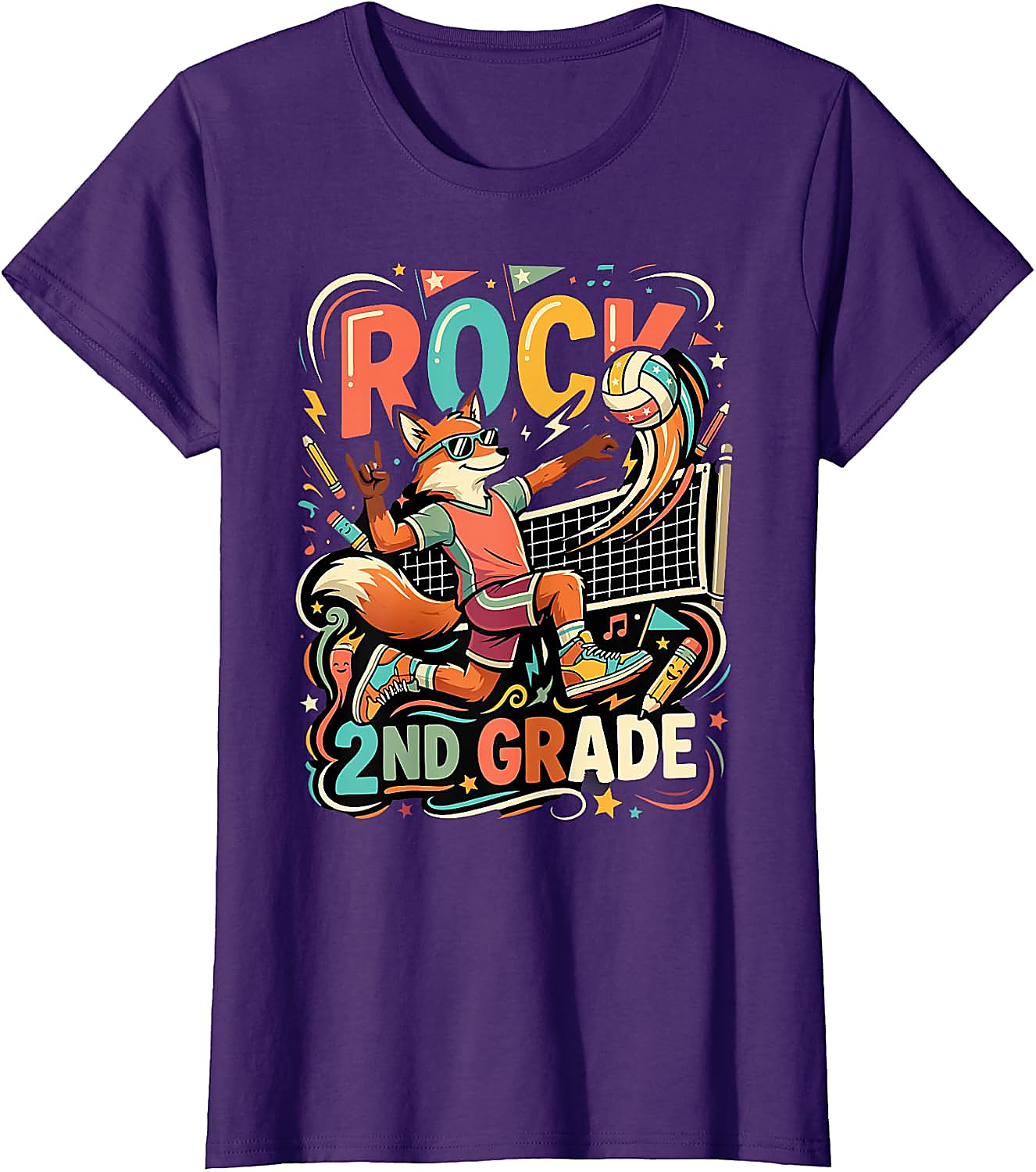 Rock 2nd Grade Fox Volleyball T-Shirt for Kids | Back to School