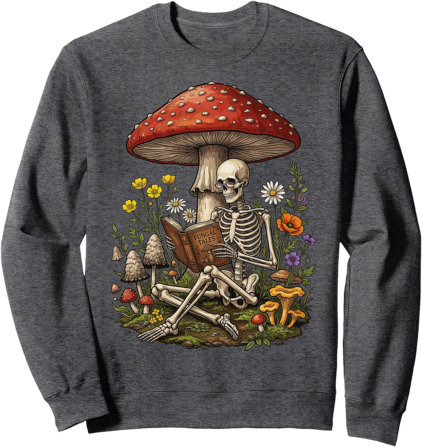 Skeleton Reading Mushroom Sweatshirt Floral Aesthetic