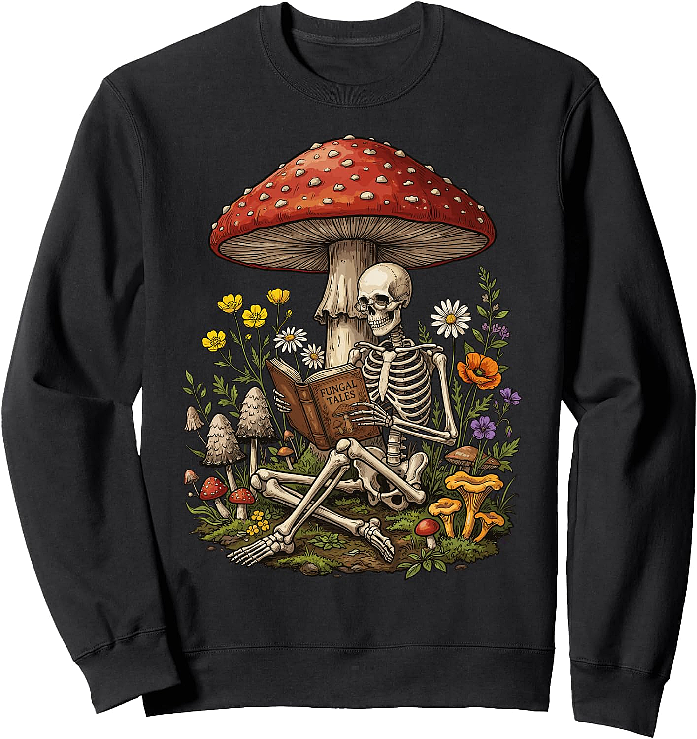 Skeleton Reading Mushroom Sweatshirt Floral Aesthetic