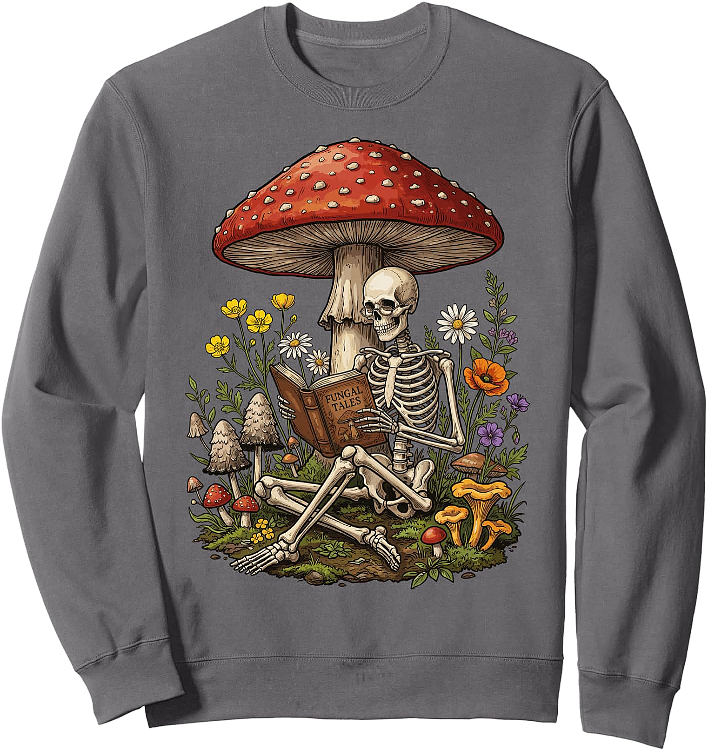 Skeleton Reading Mushroom Sweatshirt Floral Aesthetic