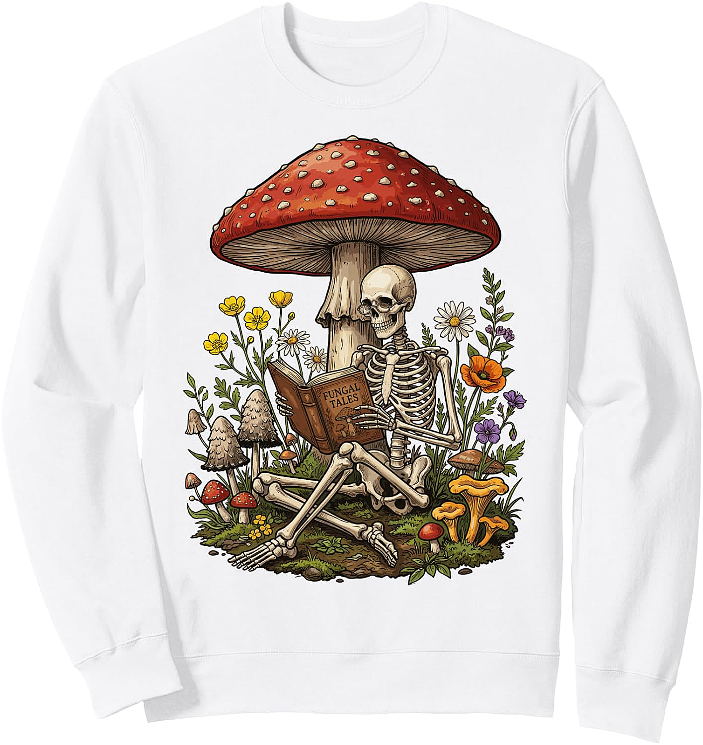 Skeleton Reading Mushroom Sweatshirt Floral Aesthetic