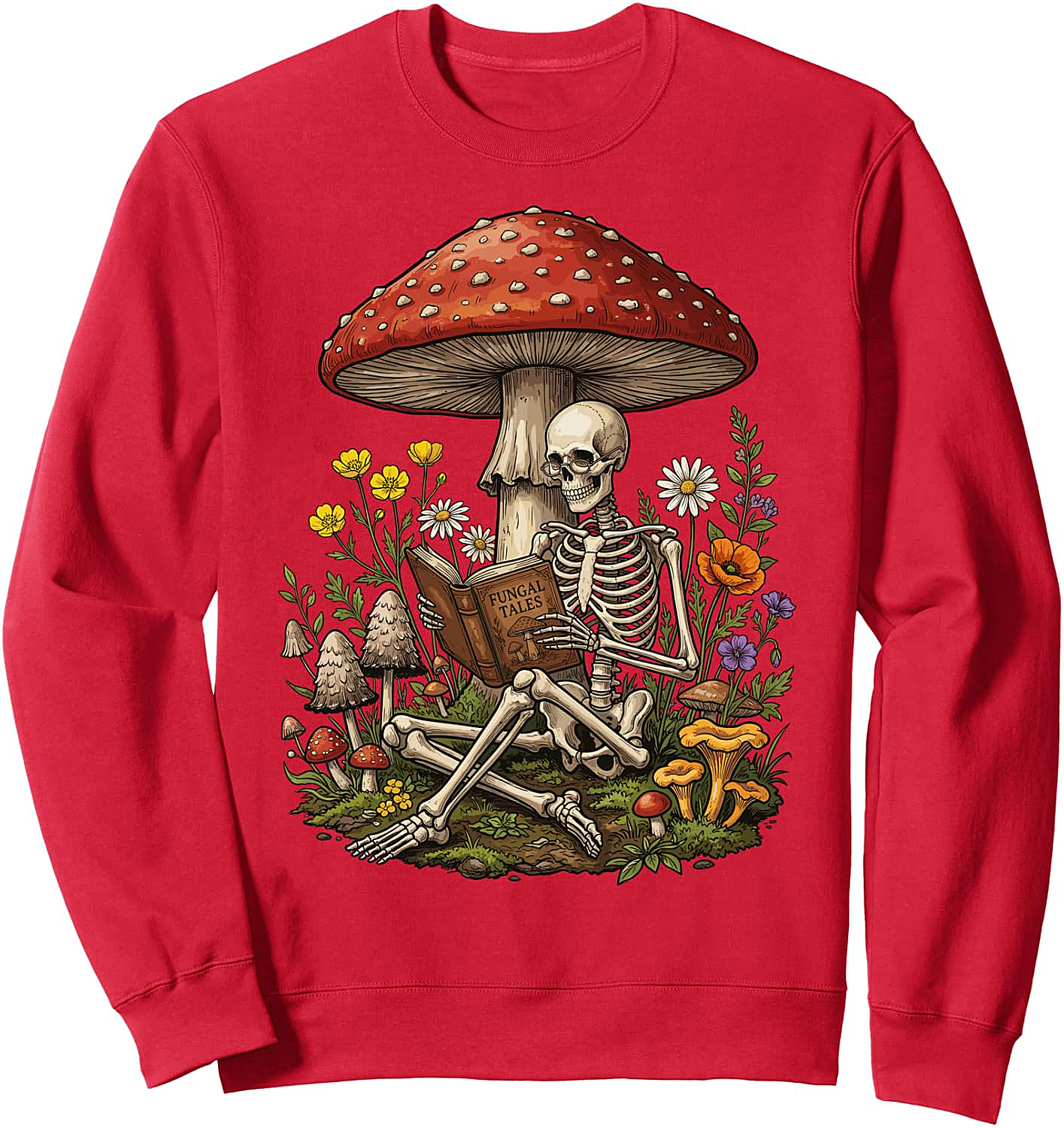 Skeleton Reading Mushroom Sweatshirt Floral Aesthetic