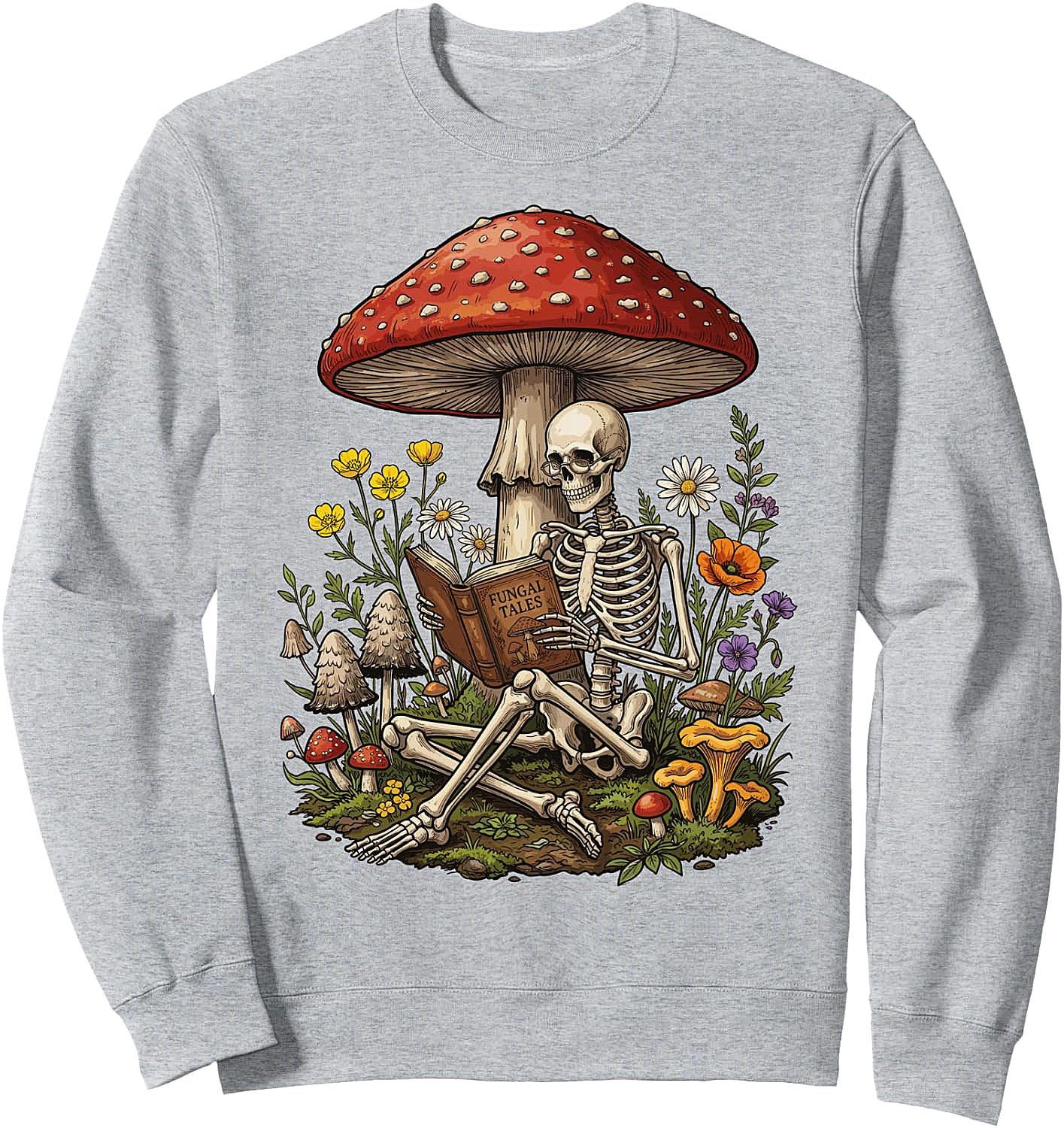 Skeleton Reading Mushroom Sweatshirt Floral Aesthetic