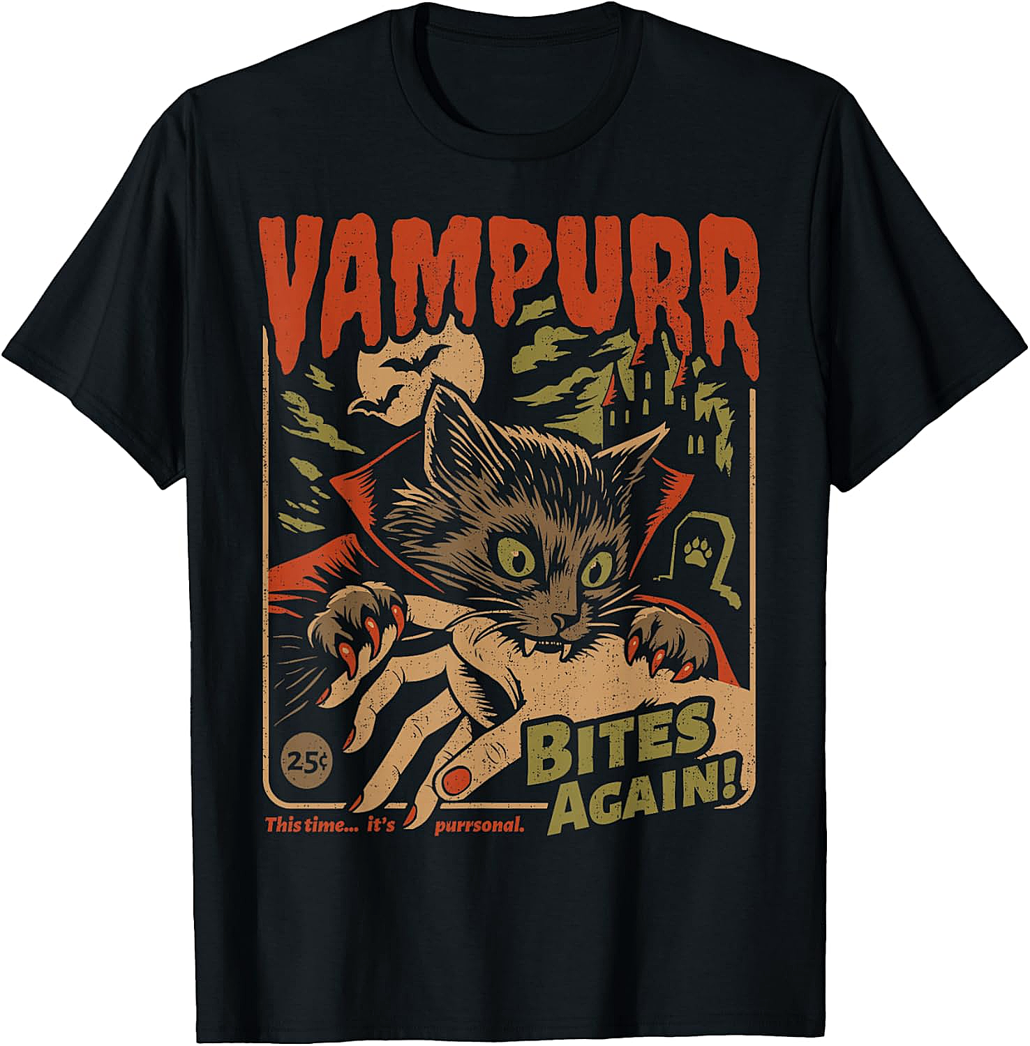 Vampurr Bites Again! Funny Cat Halloween Vintage Graphic T-Shirt