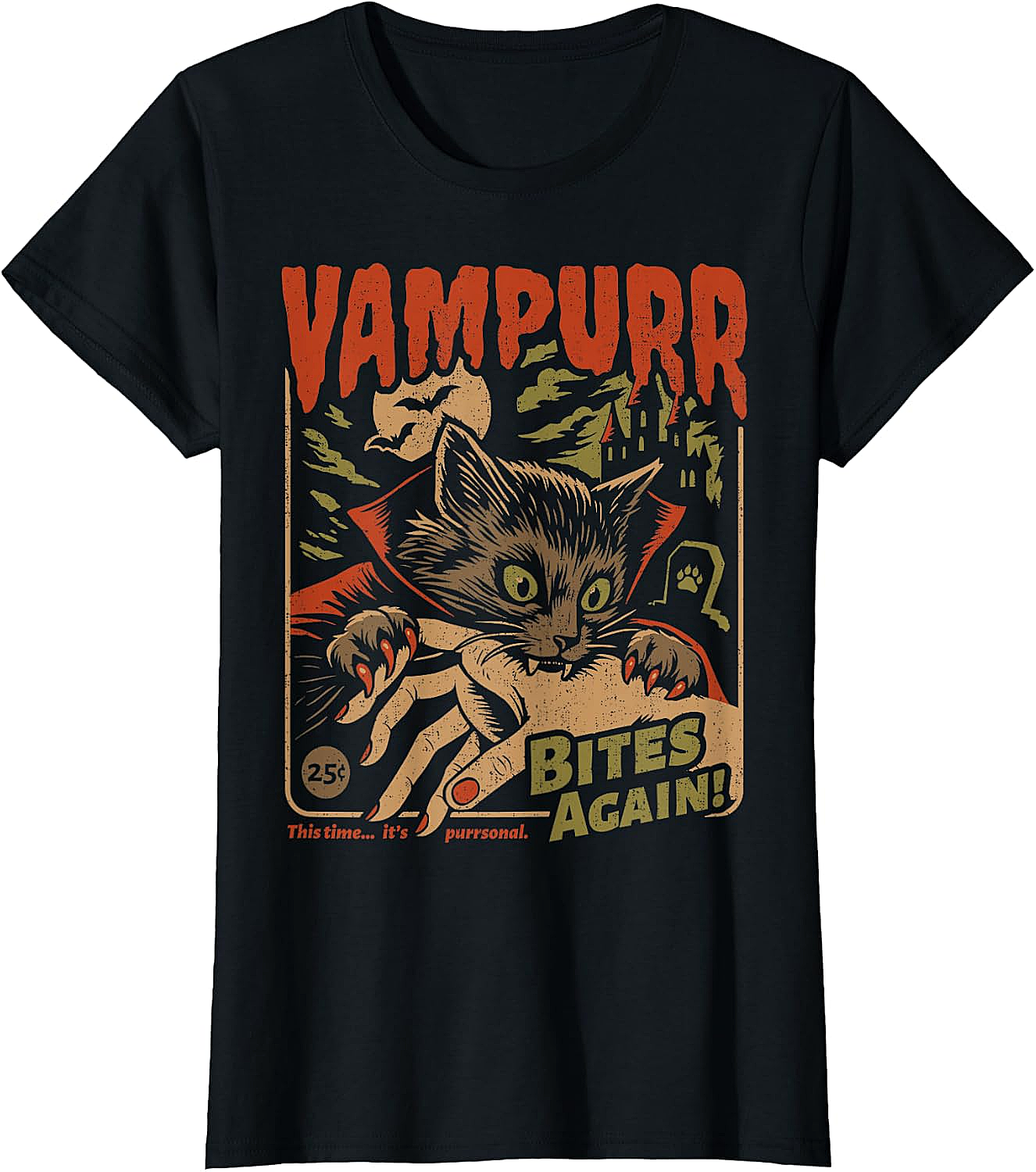  Vampurr Bites Again! Funny Cat Halloween Vintage Graphic T-Shirt