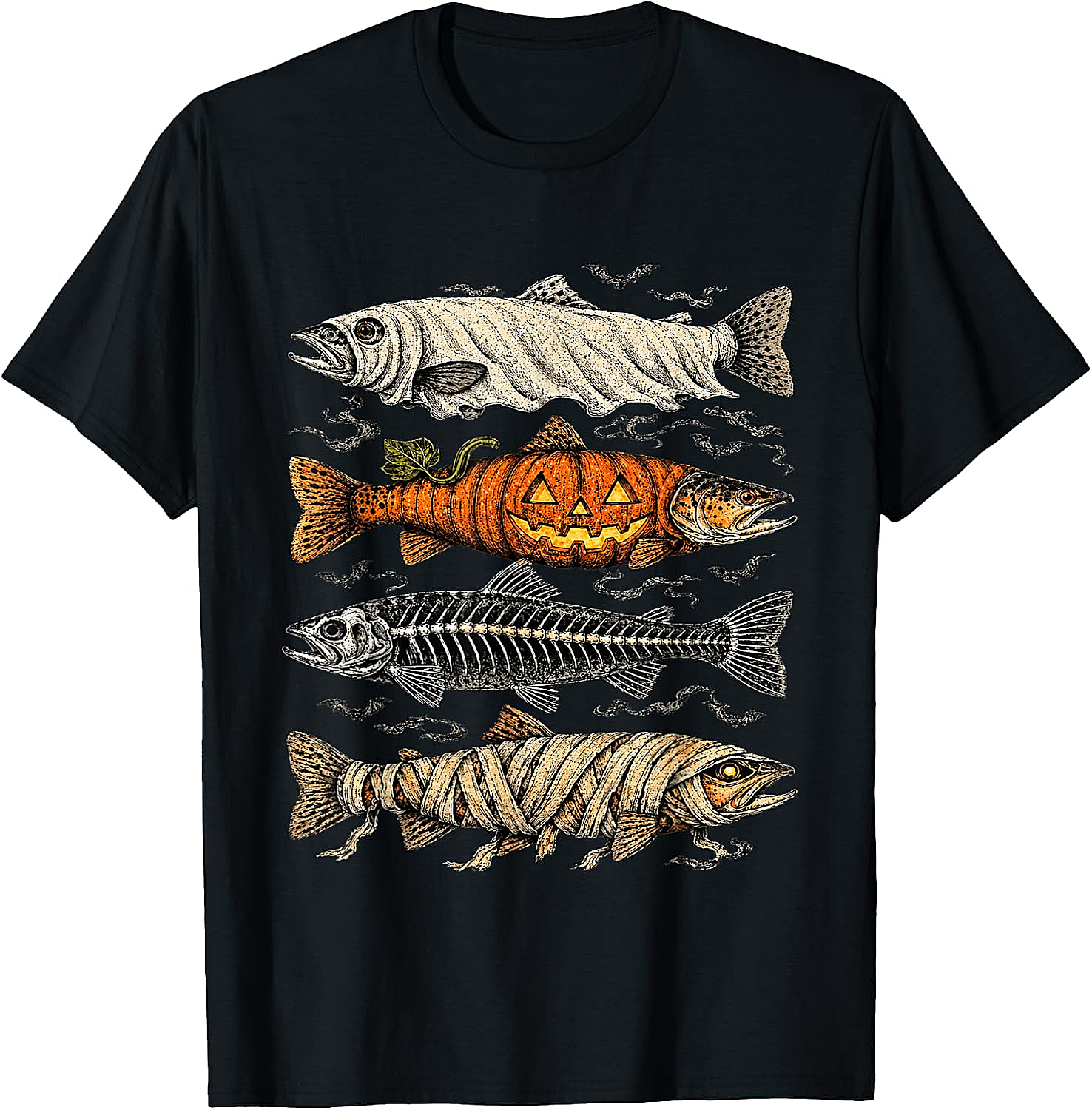 Halloween Trout Fish Ghost Pumpkin Skeleton Mummy T-Shirt