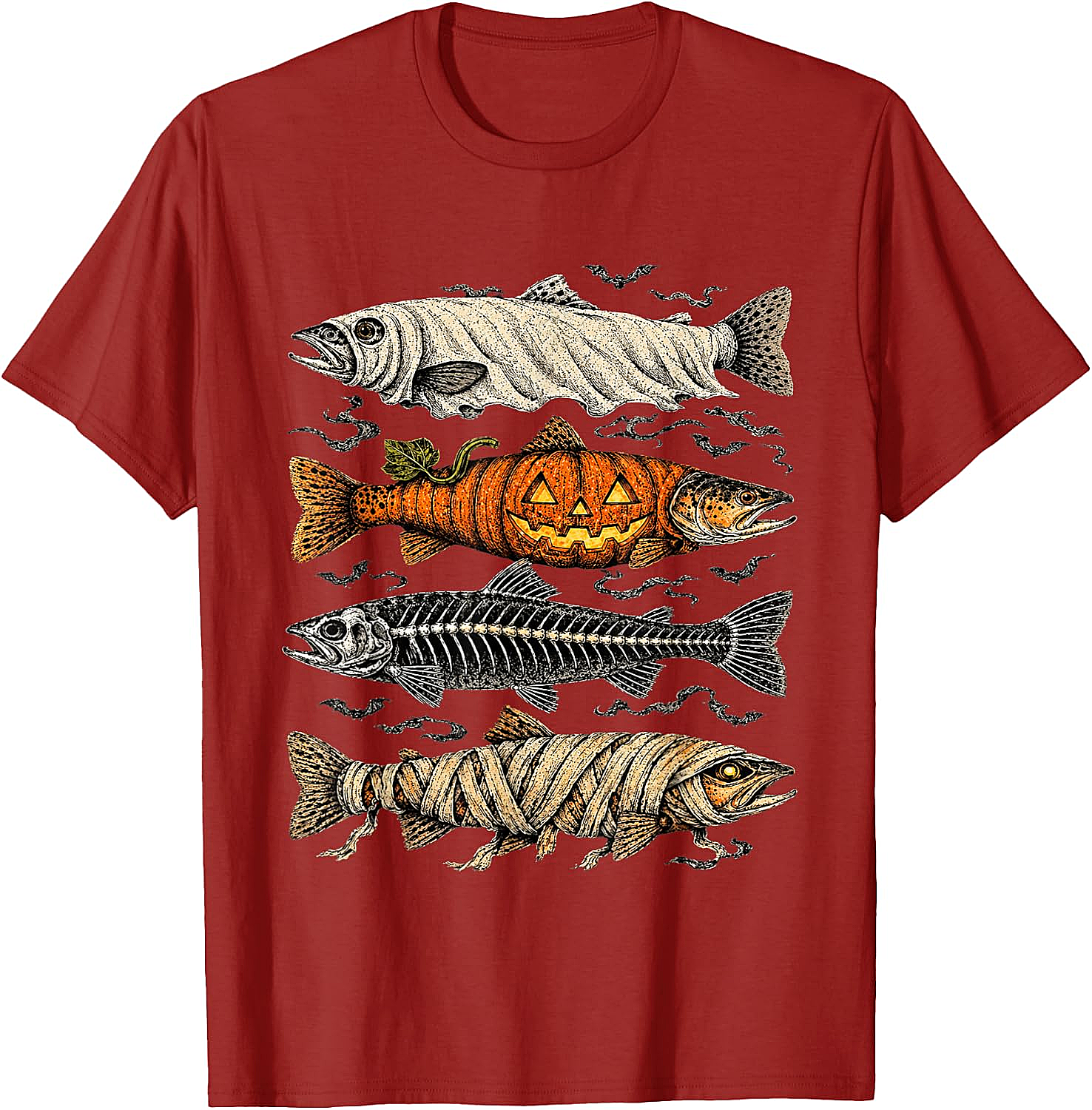 Halloween Trout Fish Ghost Pumpkin Skeleton Mummy T-Shirt