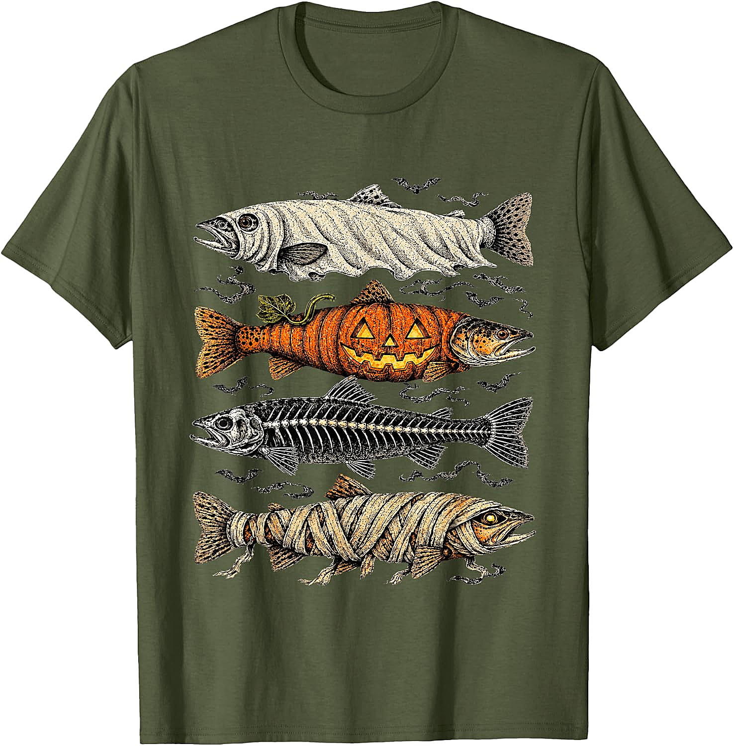 Halloween Trout Fish Ghost Pumpkin Skeleton Mummy T-Shirt