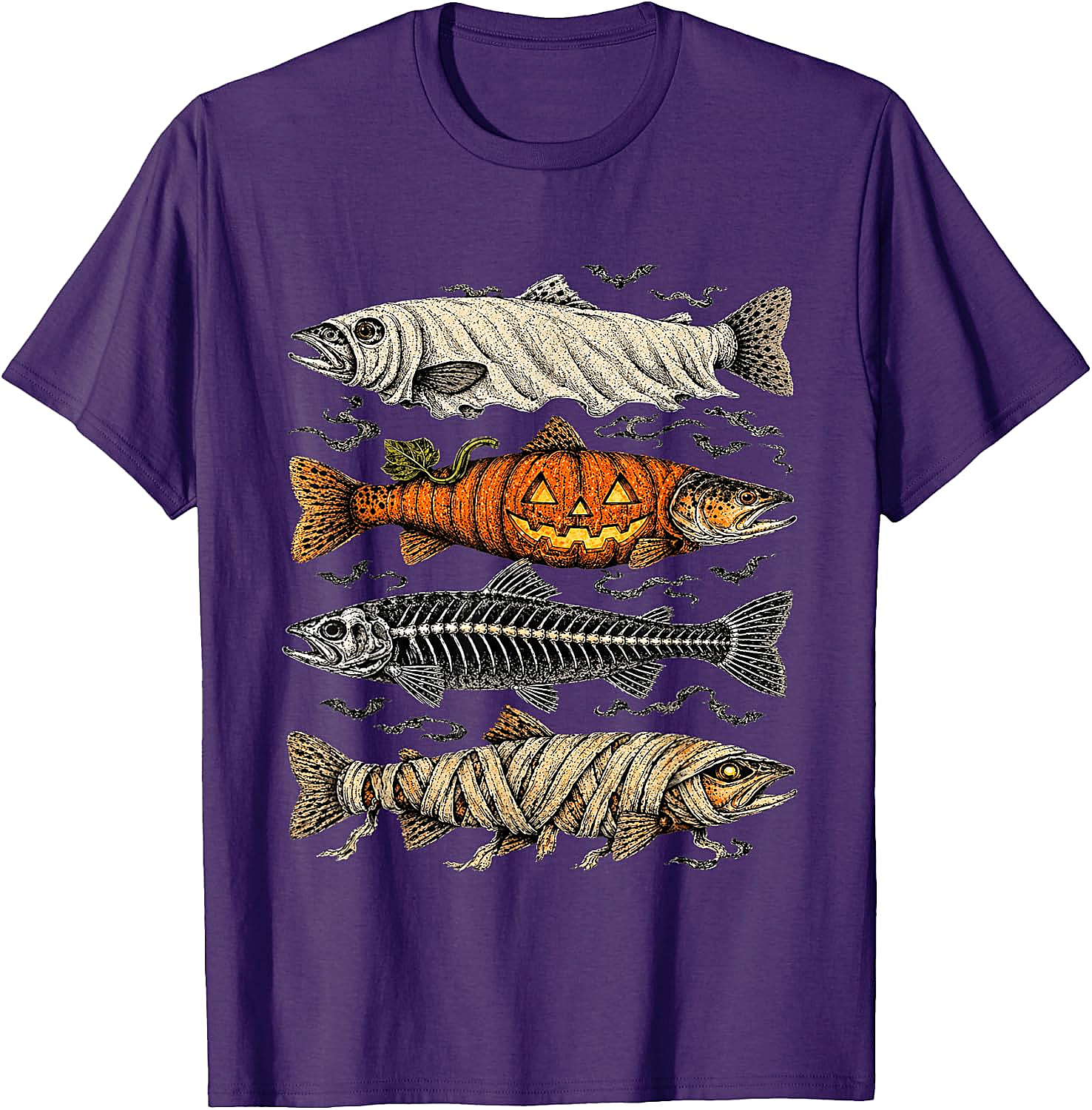 Halloween Trout Fish Ghost Pumpkin Skeleton Mummy T-Shirt