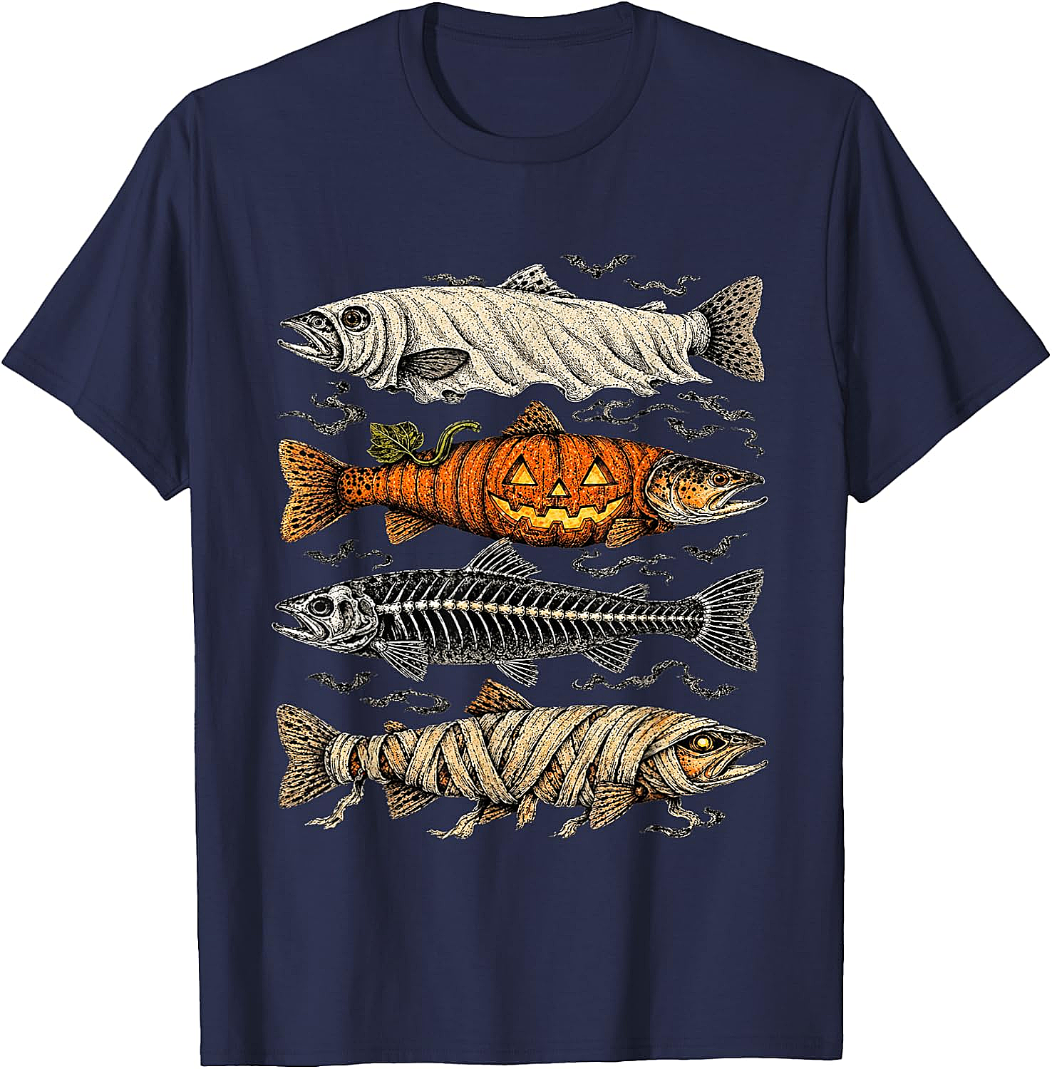 Halloween Trout Fish Ghost Pumpkin Skeleton Mummy T-Shirt