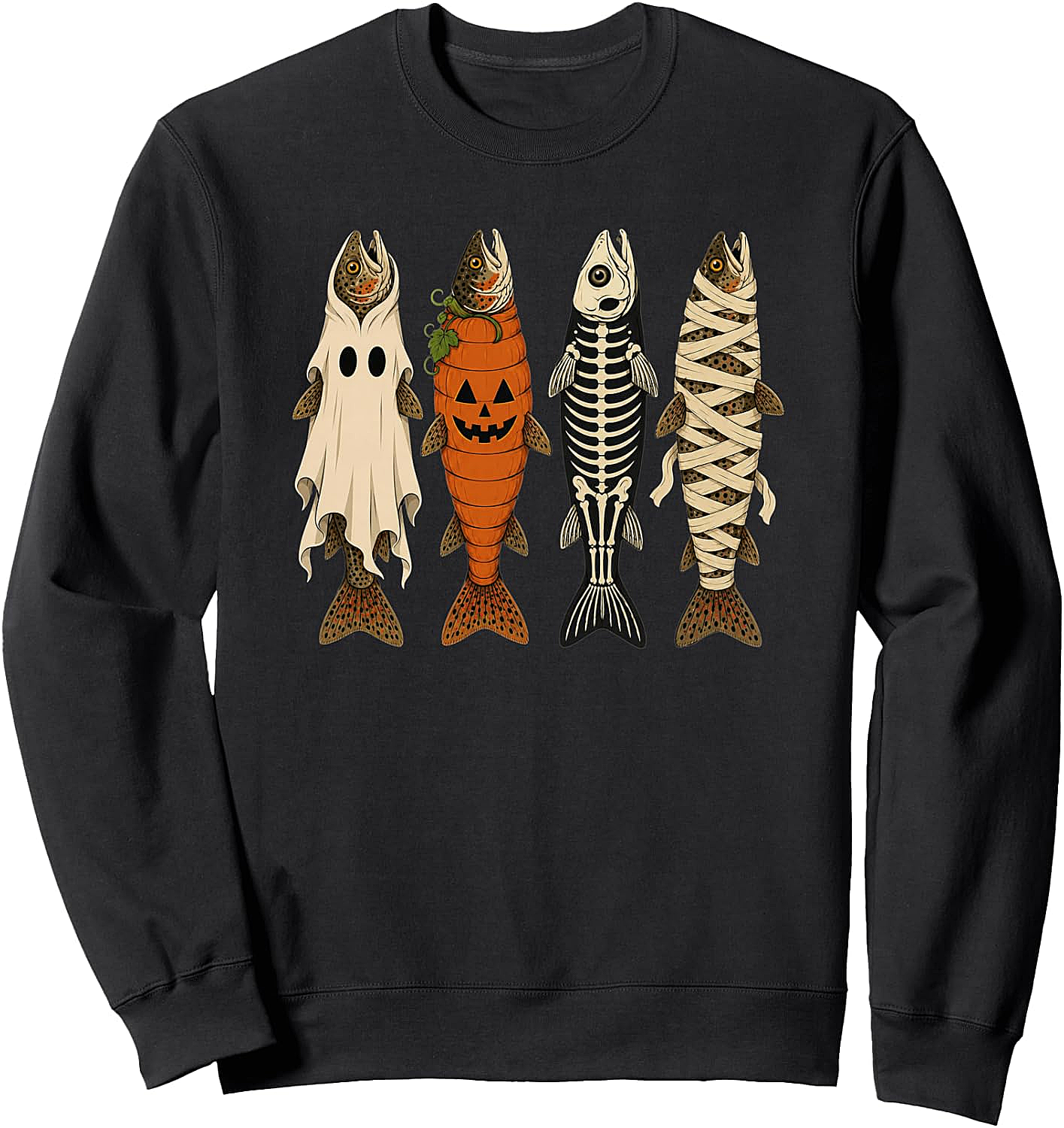 Funny Halloween Fishing Trout Sweatshirt Ghost Pumpkin Skeleton Mummy Tee
