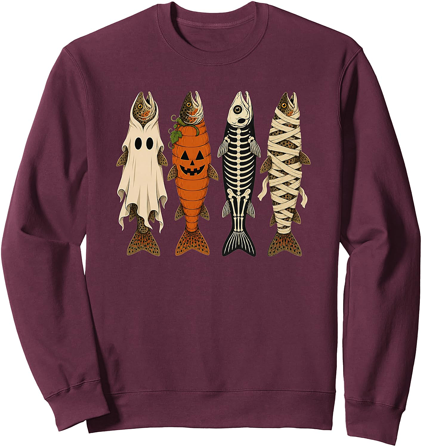 Funny Halloween Fishing Trout Sweatshirt Ghost Pumpkin Skeleton Mummy Tee