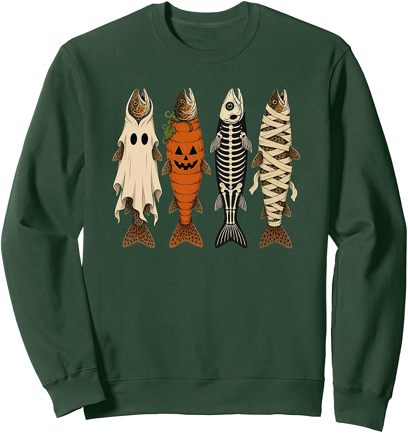 Funny Halloween Fishing Trout Sweatshirt Ghost Pumpkin Skeleton Mummy Tee