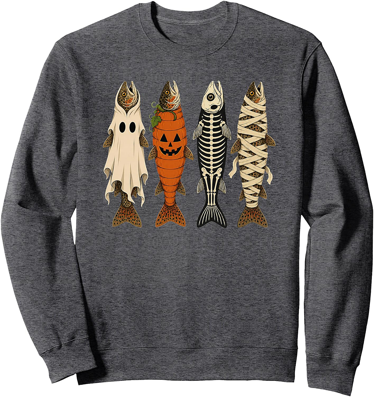Funny Halloween Fishing Trout Sweatshirt Ghost Pumpkin Skeleton Mummy Tee