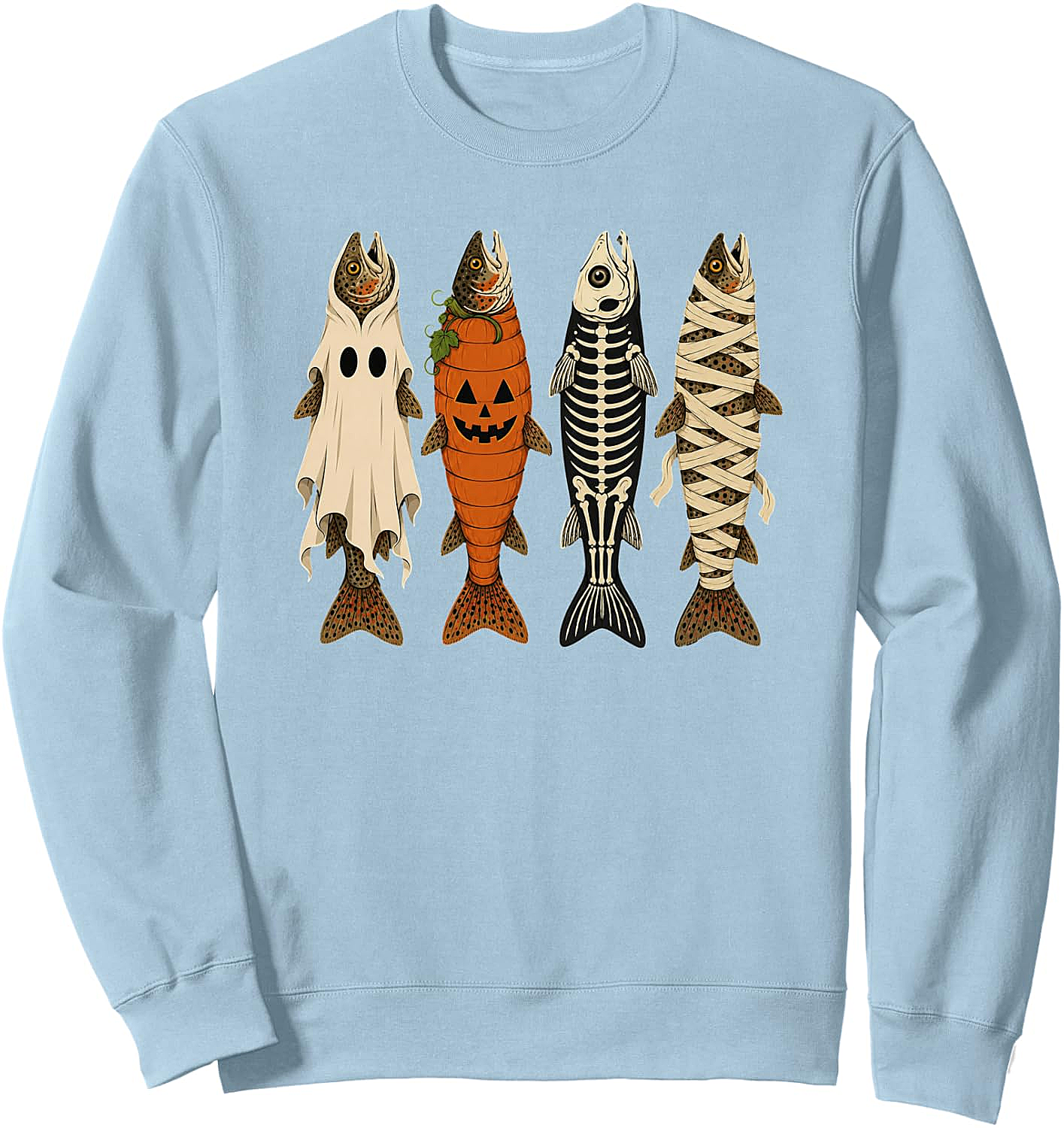 Funny Halloween Fishing Trout Sweatshirt Ghost Pumpkin Skeleton Mummy Tee