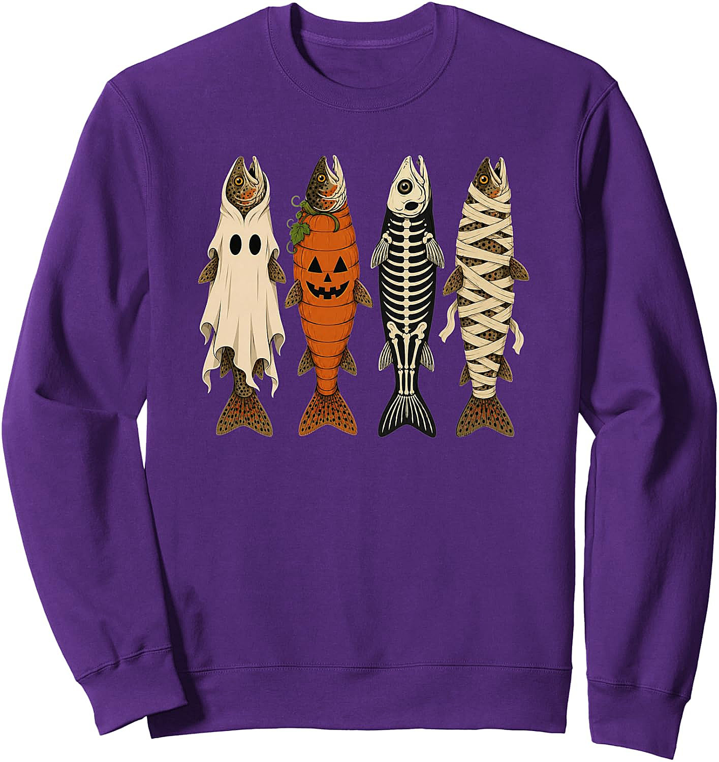 Funny Halloween Fishing Trout Sweatshirt Ghost Pumpkin Skeleton Mummy Tee