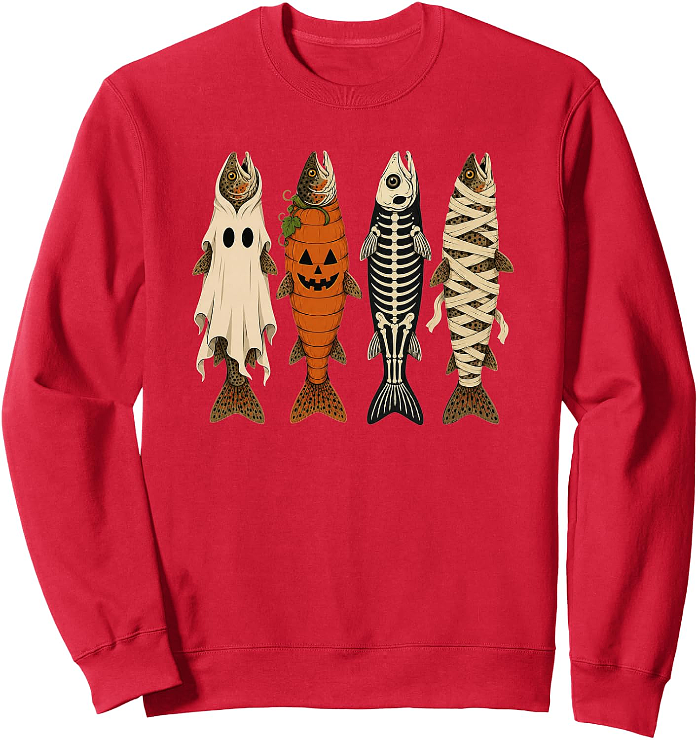 Funny Halloween Fishing Trout Sweatshirt Ghost Pumpkin Skeleton Mummy Tee
