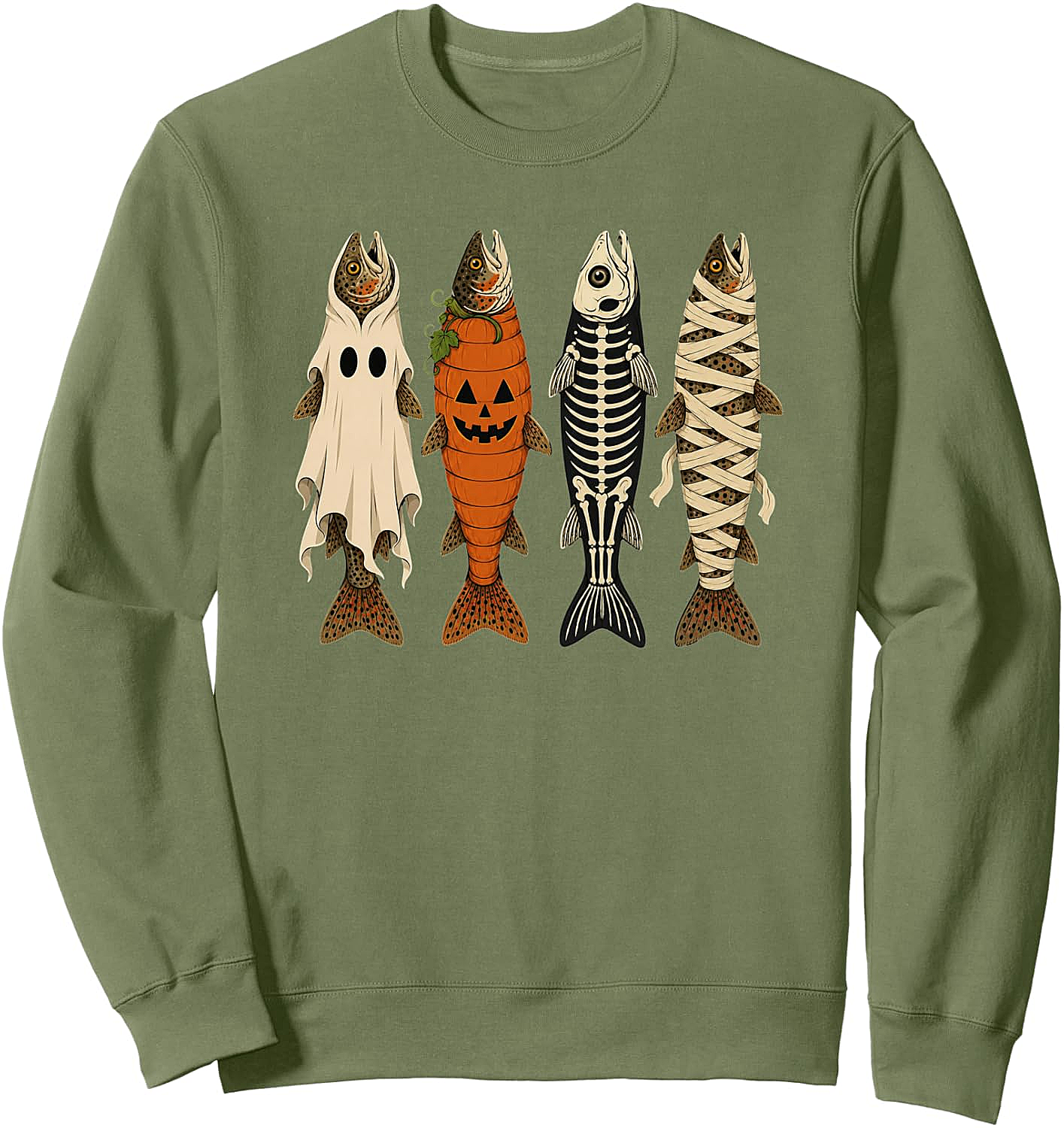 Funny Halloween Fishing Trout Sweatshirt Ghost Pumpkin Skeleton Mummy Tee