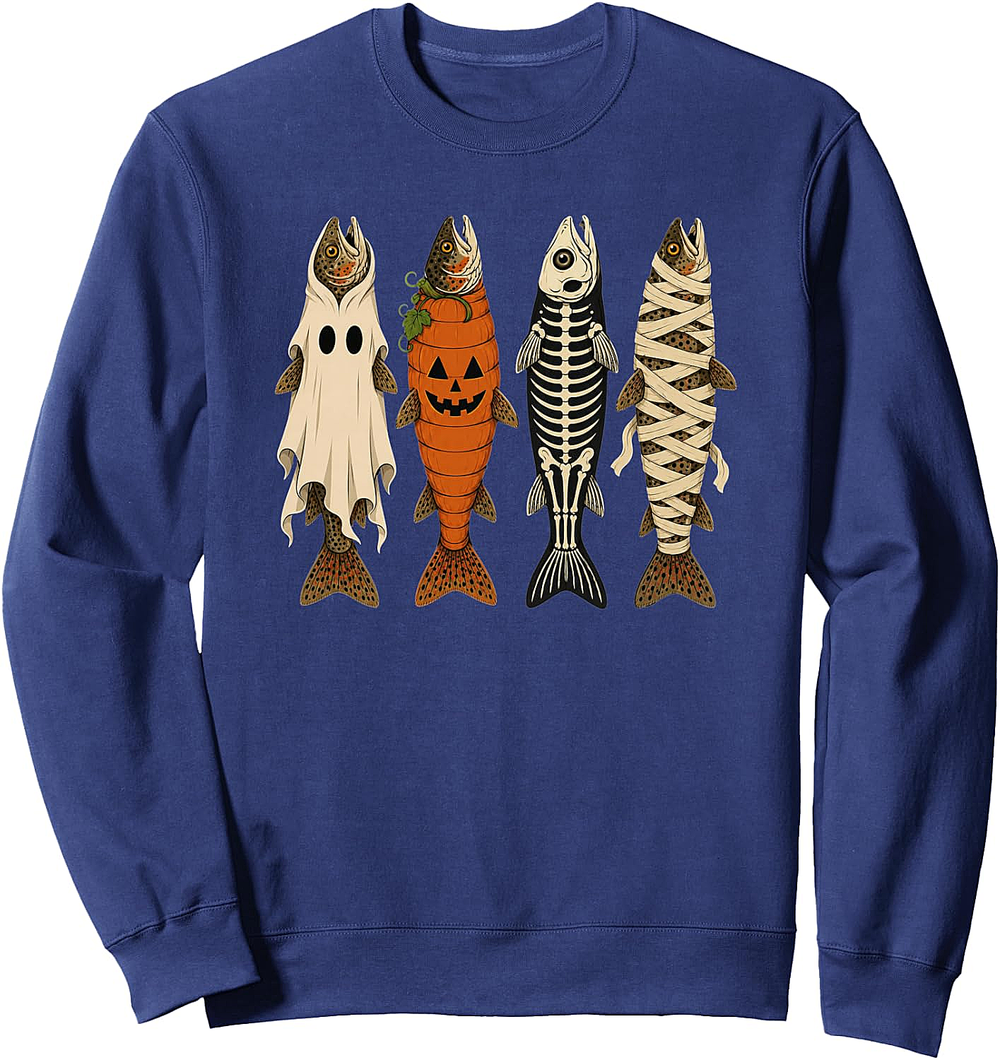 Funny Halloween Fishing Trout Sweatshirt Ghost Pumpkin Skeleton Mummy Tee