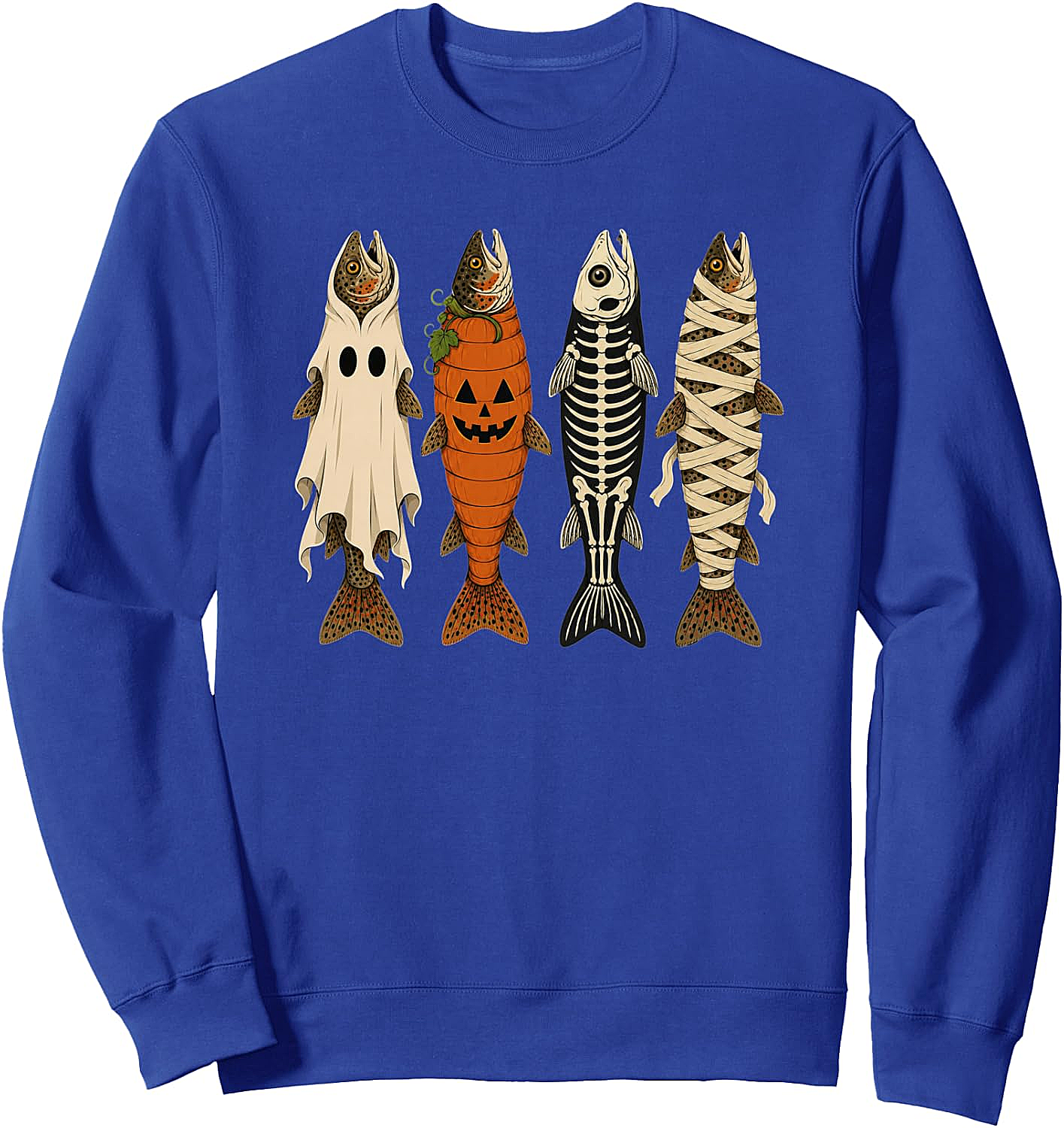 Funny Halloween Fishing Trout Sweatshirt Ghost Pumpkin Skeleton Mummy Tee