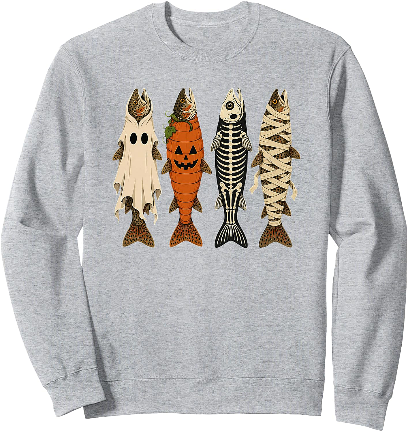 Funny Halloween Fishing Trout Sweatshirt Ghost Pumpkin Skeleton Mummy Tee