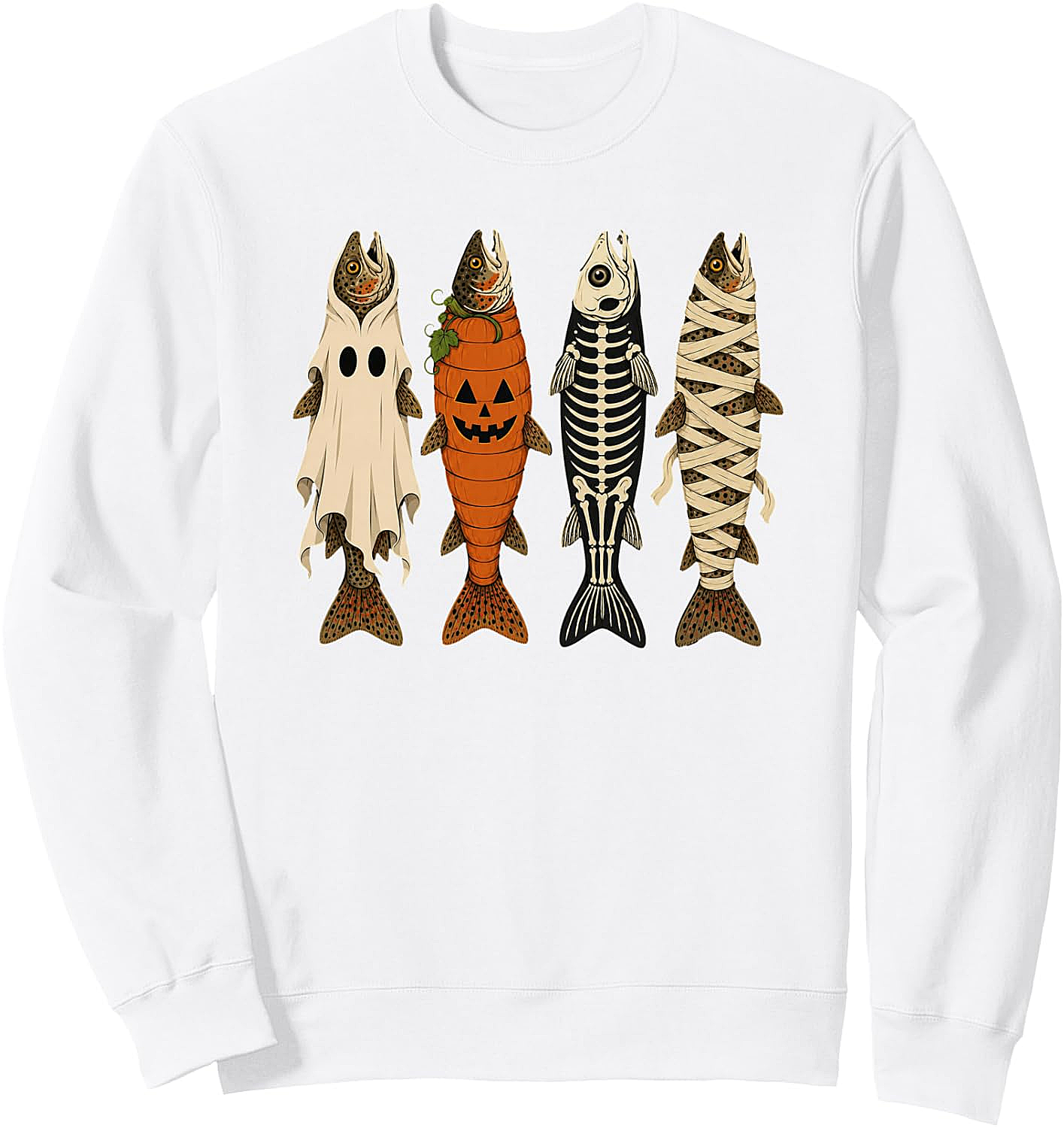 Funny Halloween Fishing Trout Sweatshirt Ghost Pumpkin Skeleton Mummy Tee