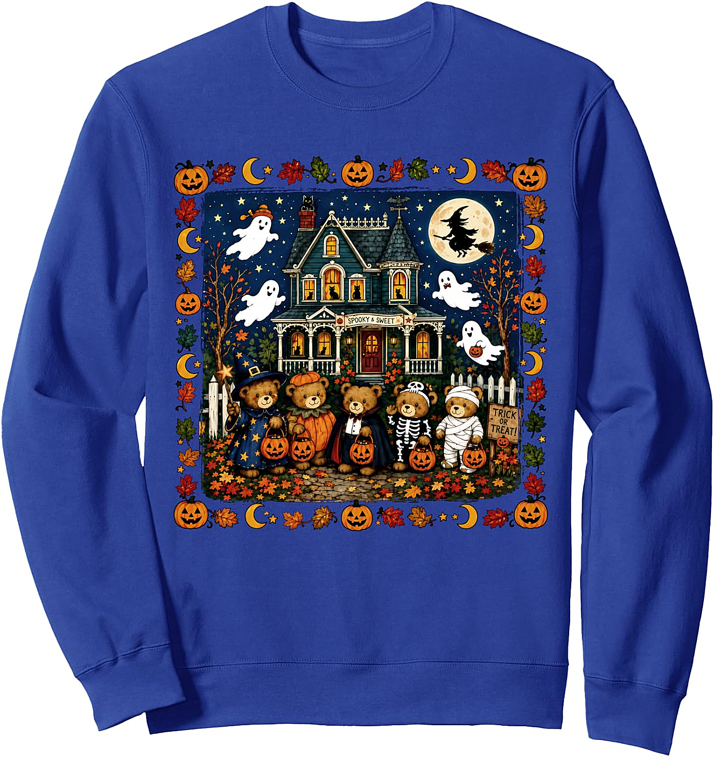 Retro 90s Trick-or-Treat Bears Haunted House Sweatshirt