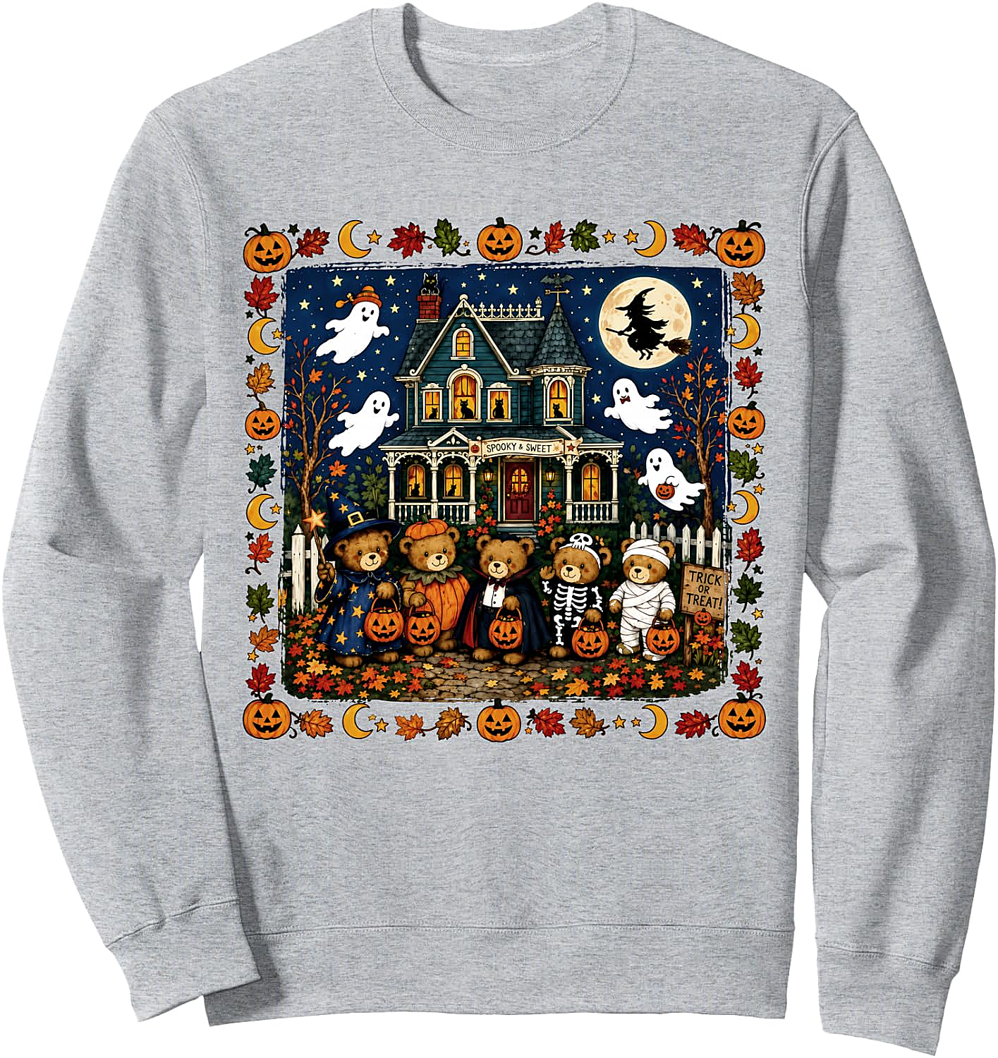 Retro 90s Trick-or-Treat Bears Haunted House Sweatshirt