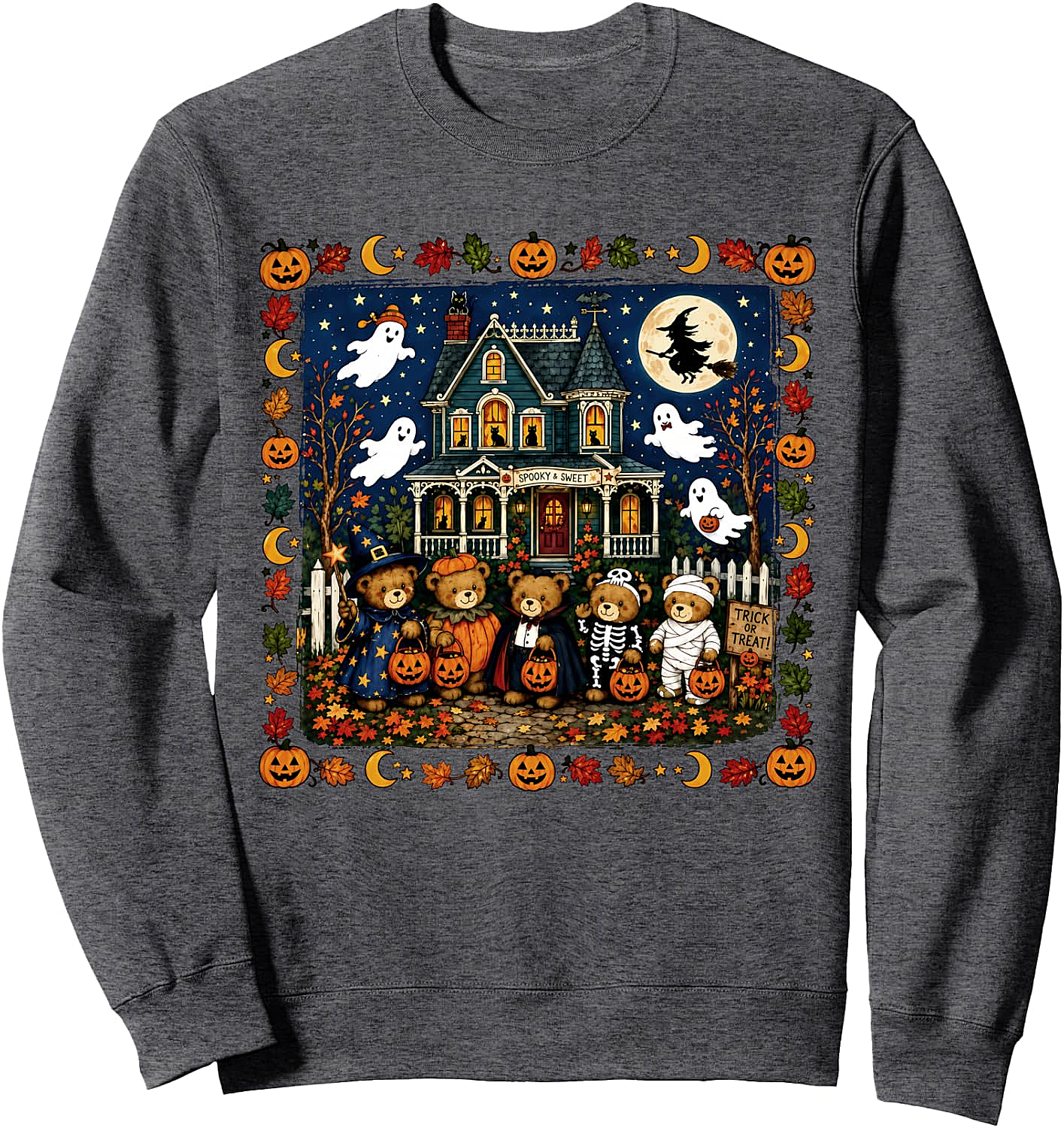 Retro 90s Trick-or-Treat Bears Haunted House Sweatshirt