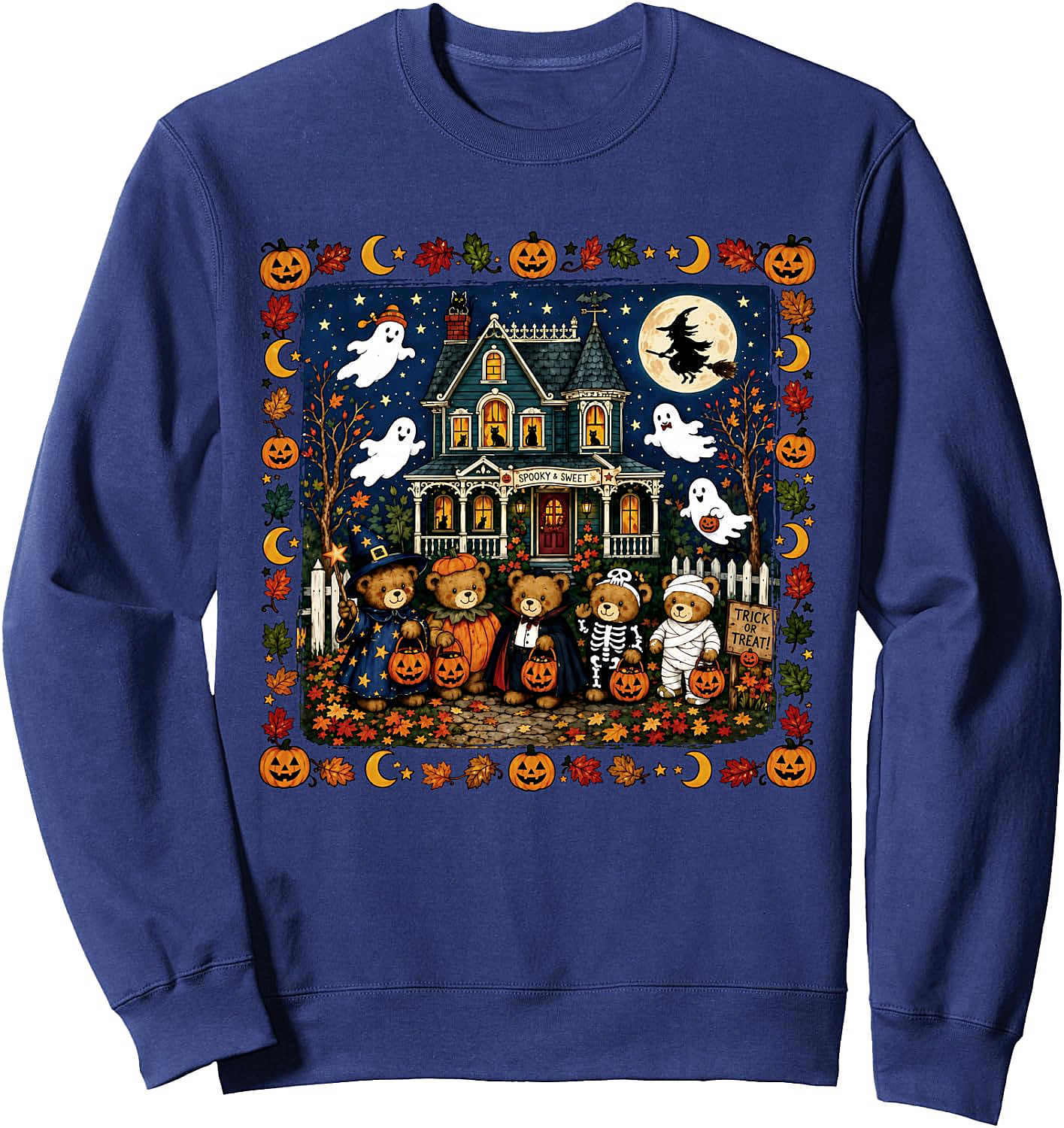 Retro 90s Trick-or-Treat Bears Haunted House Sweatshirt