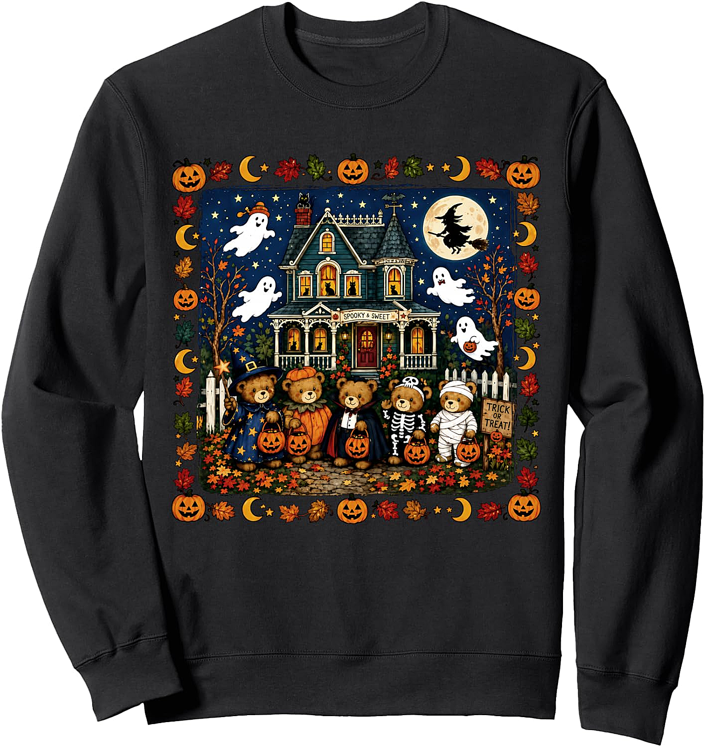 Retro 90s Trick-or-Treat Bears Haunted House Sweatshirt