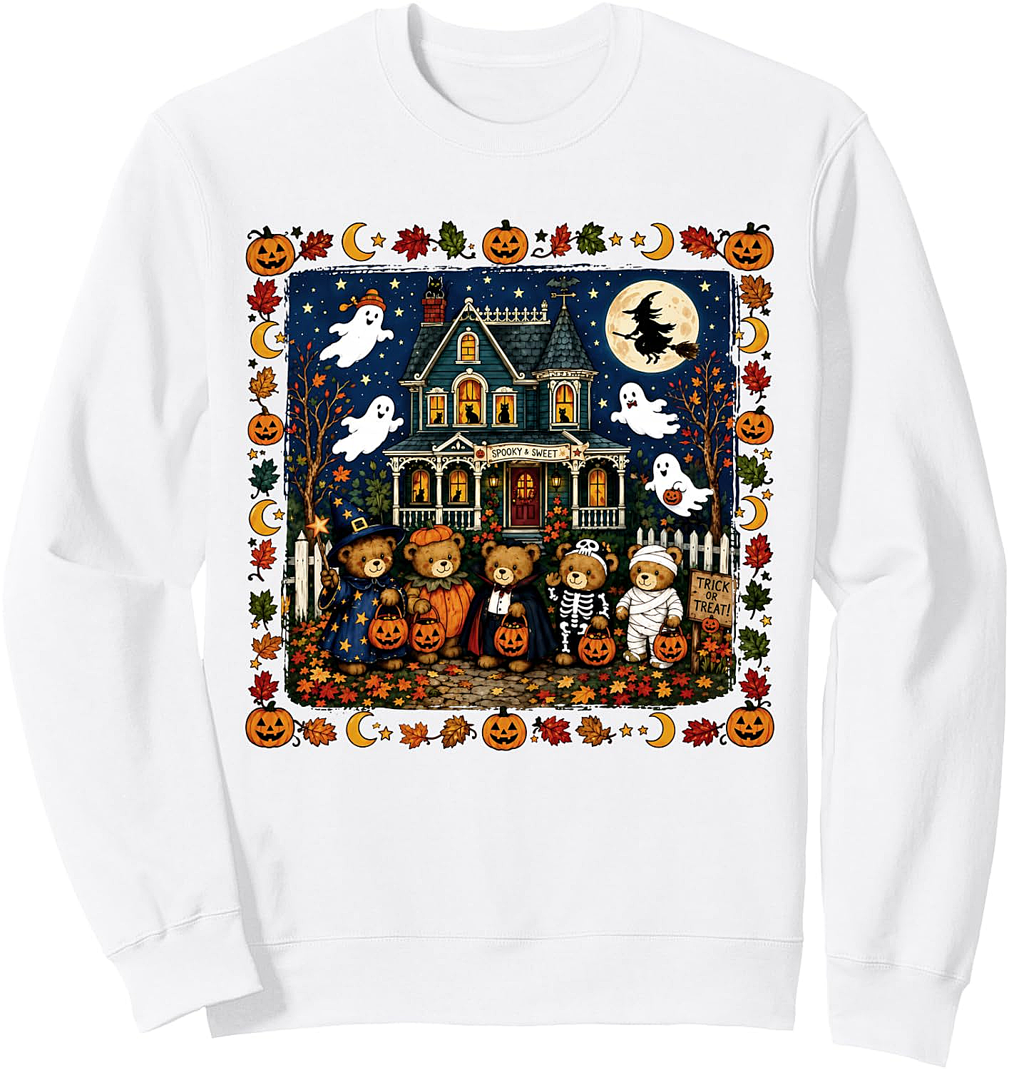 Retro 90s Trick-or-Treat Bears Haunted House Sweatshirt