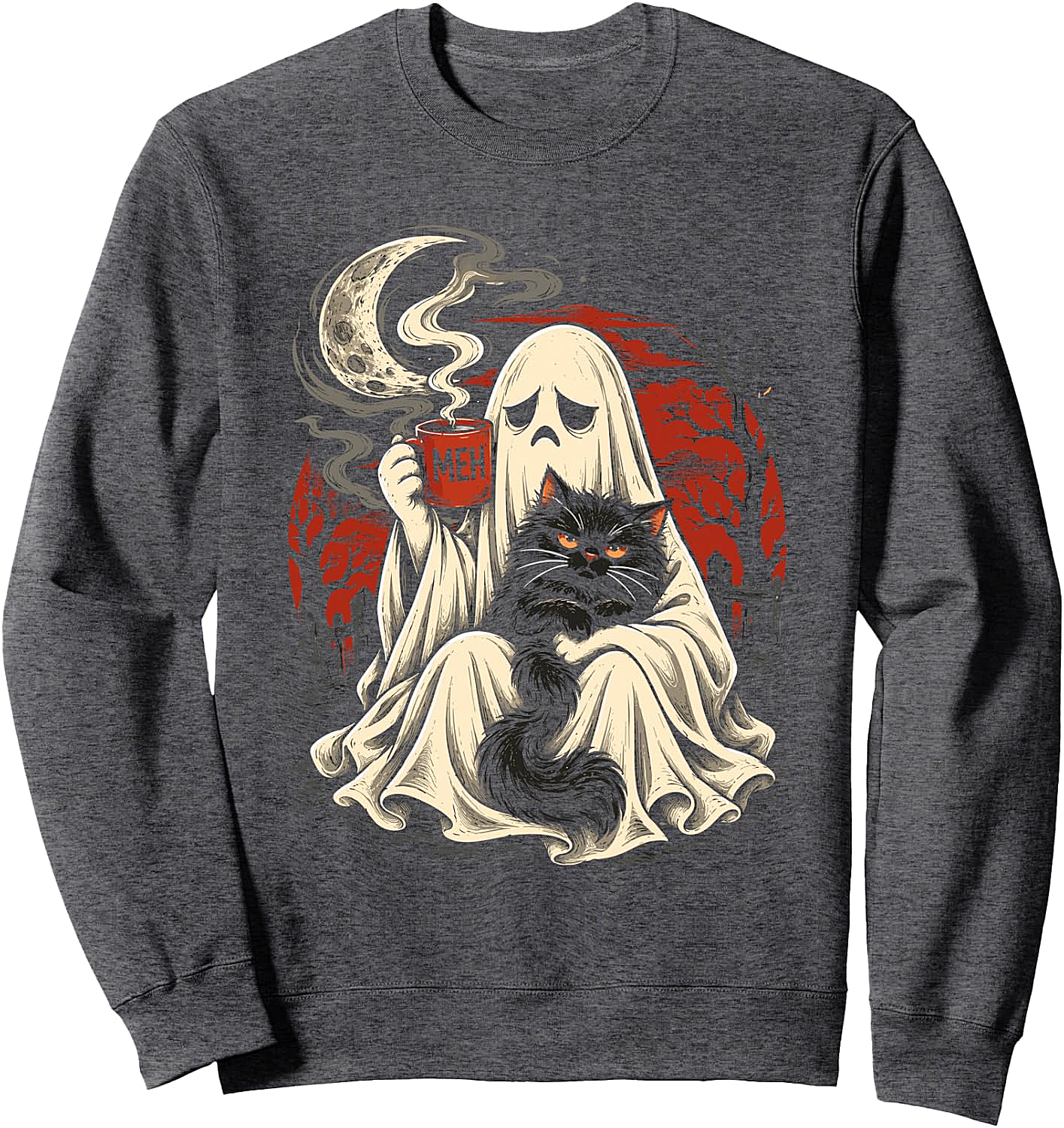  Grumpy Ghost Black Cat Coffee Halloween Sweatshirt - Unisex