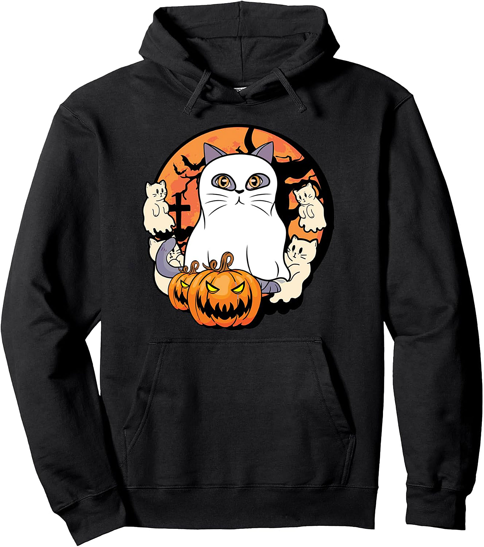 Halloween Ghost Cat Pullover Hoodie - Cute & Cozy