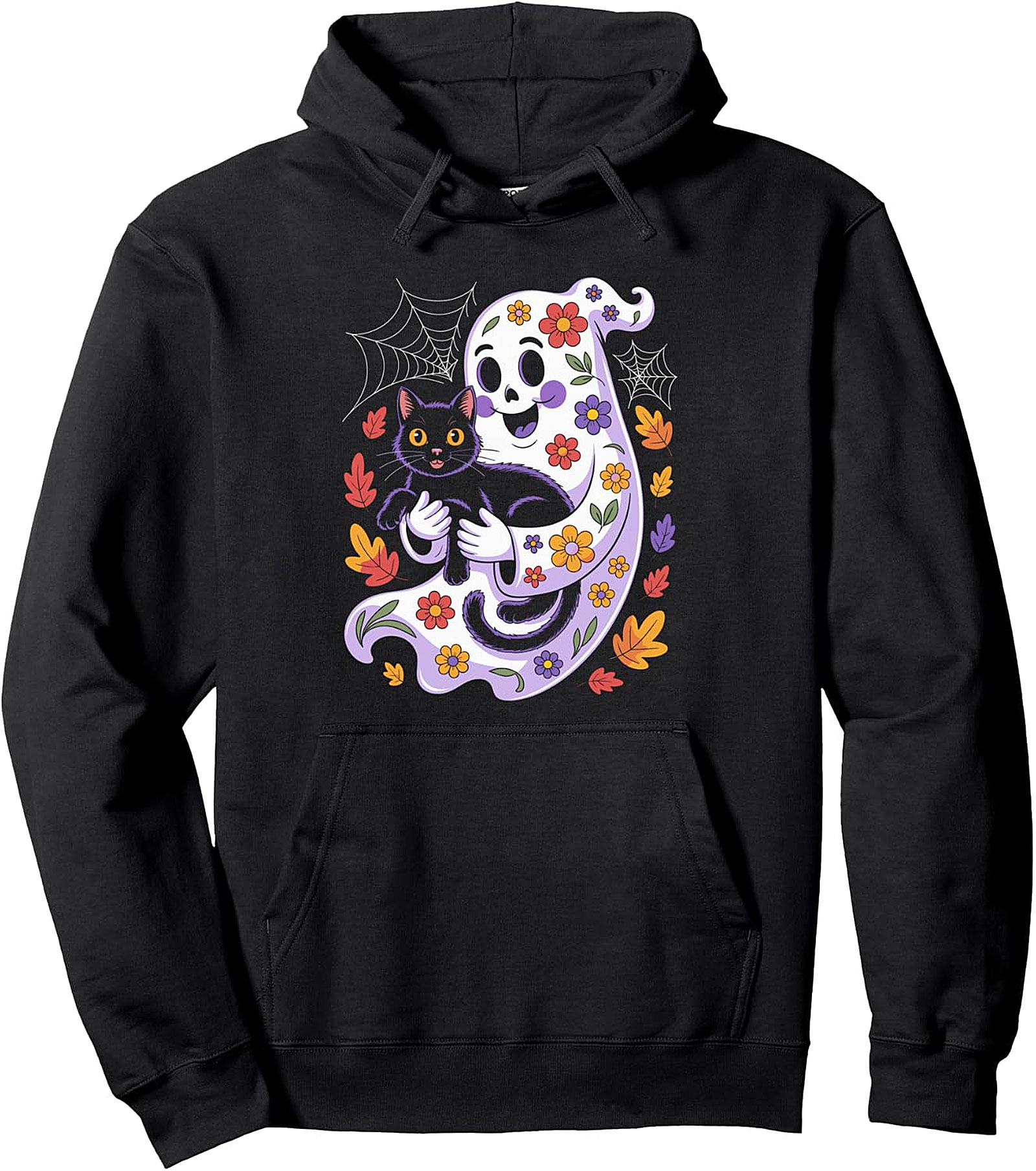 Cute Ghost & Cat Floral Halloween Pullover Hoodie