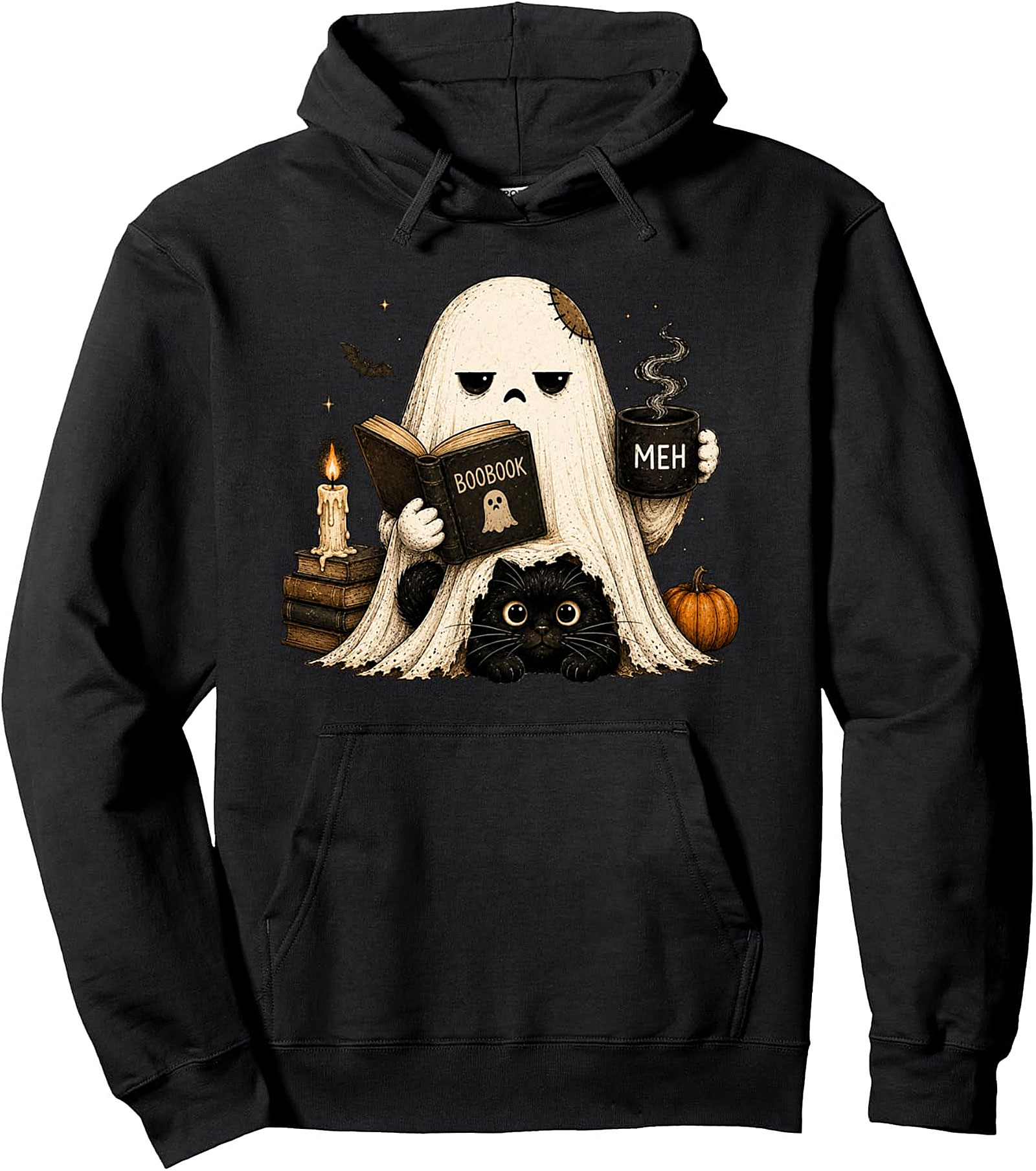 Meh Ghost Cat Hoodie | Funny Halloween Coffee Pullover