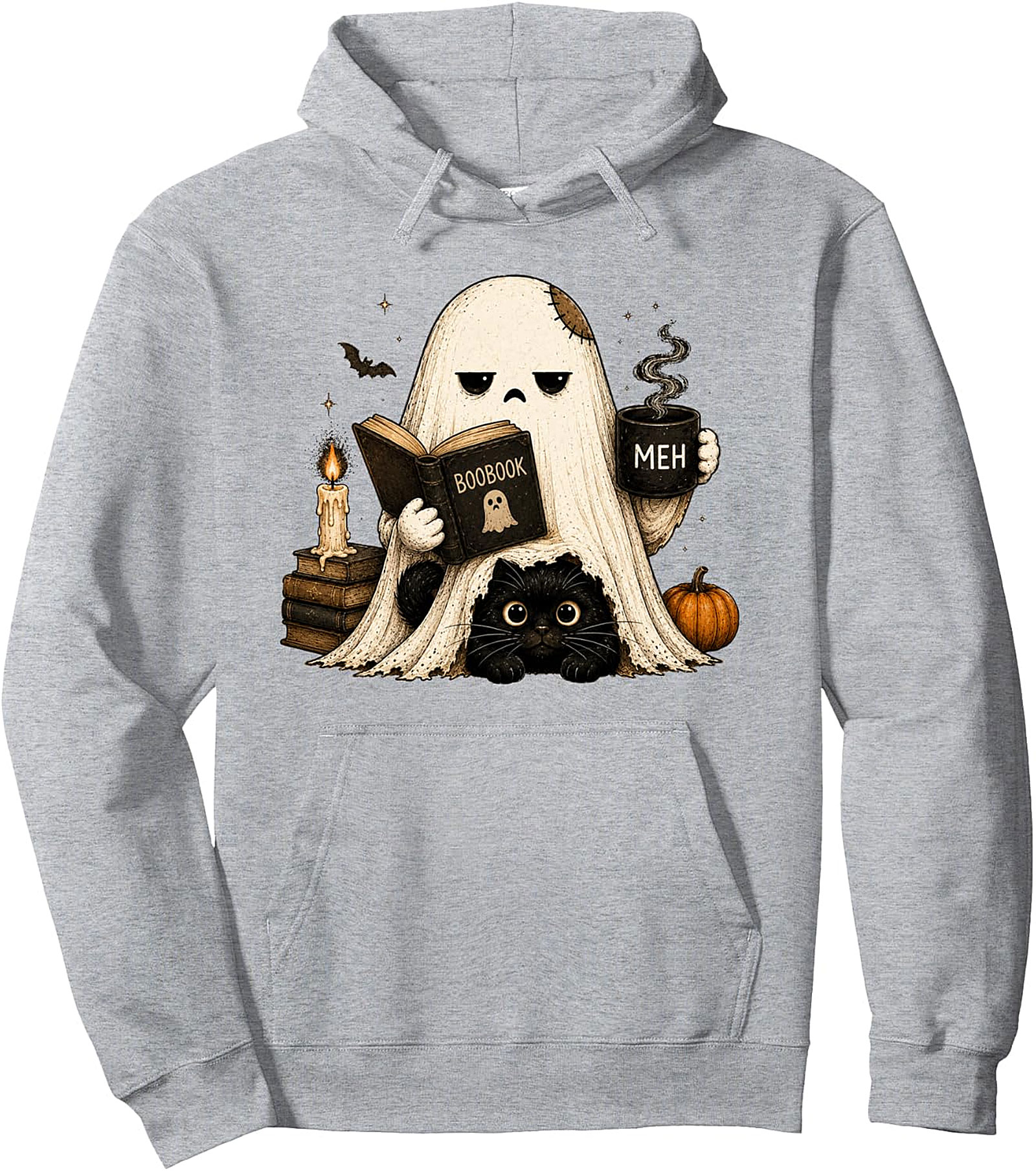 Meh Ghost Cat Hoodie | Funny Halloween Coffee Pullover