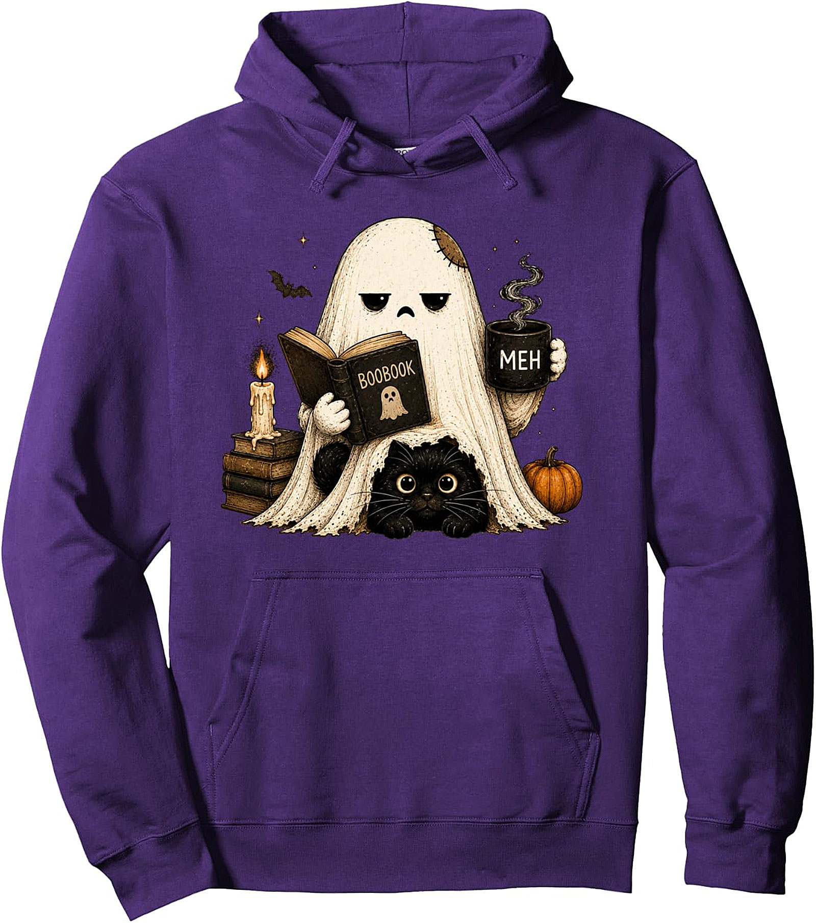Meh Ghost Cat Hoodie | Funny Halloween Coffee Pullover