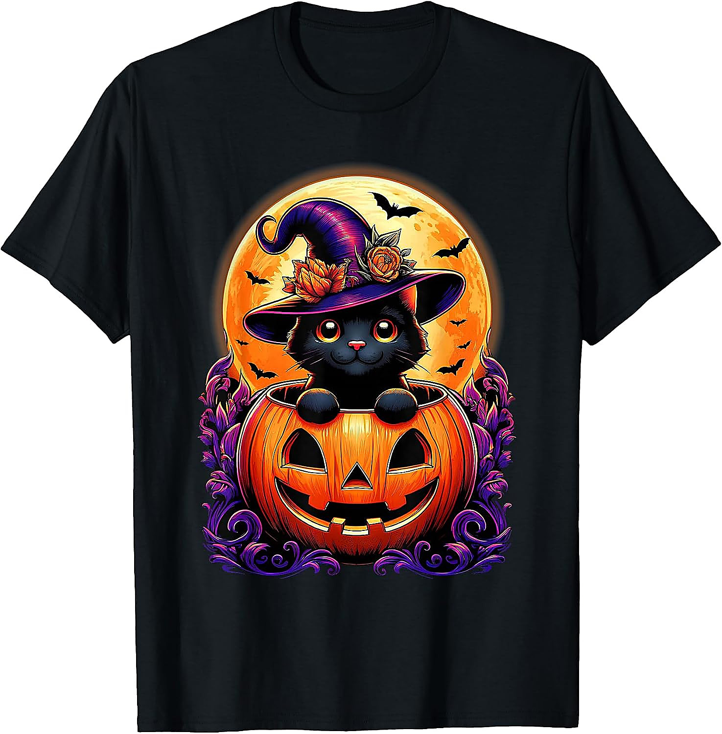 Black Cat Pumpkin Halloween T-Shirt | Cute Witch Graphic Tee
