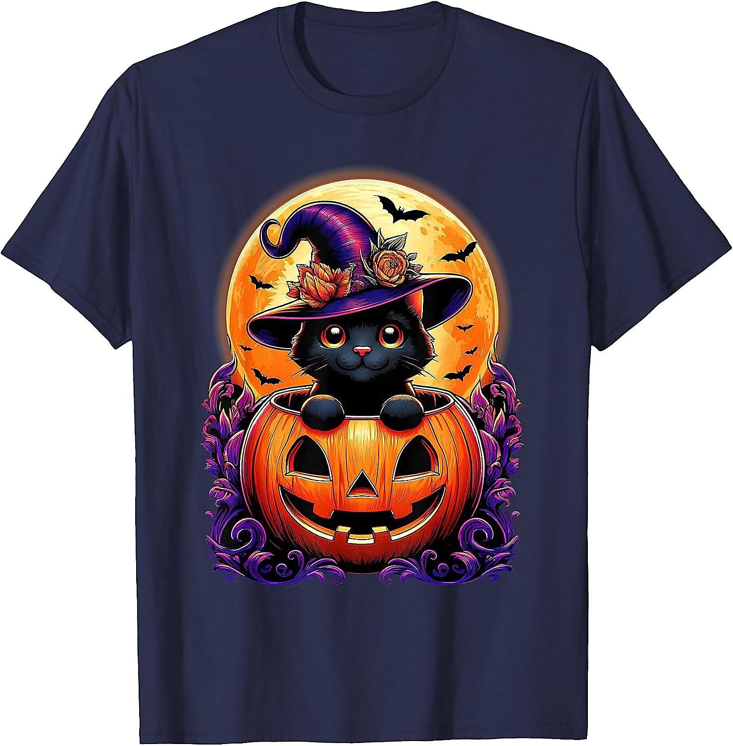 Black Cat Pumpkin Halloween T-Shirt | Cute Witch Graphic Tee
