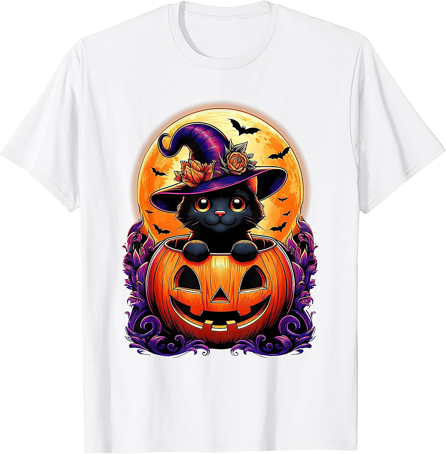 Black Cat Pumpkin Halloween T-Shirt | Cute Witch Graphic Tee