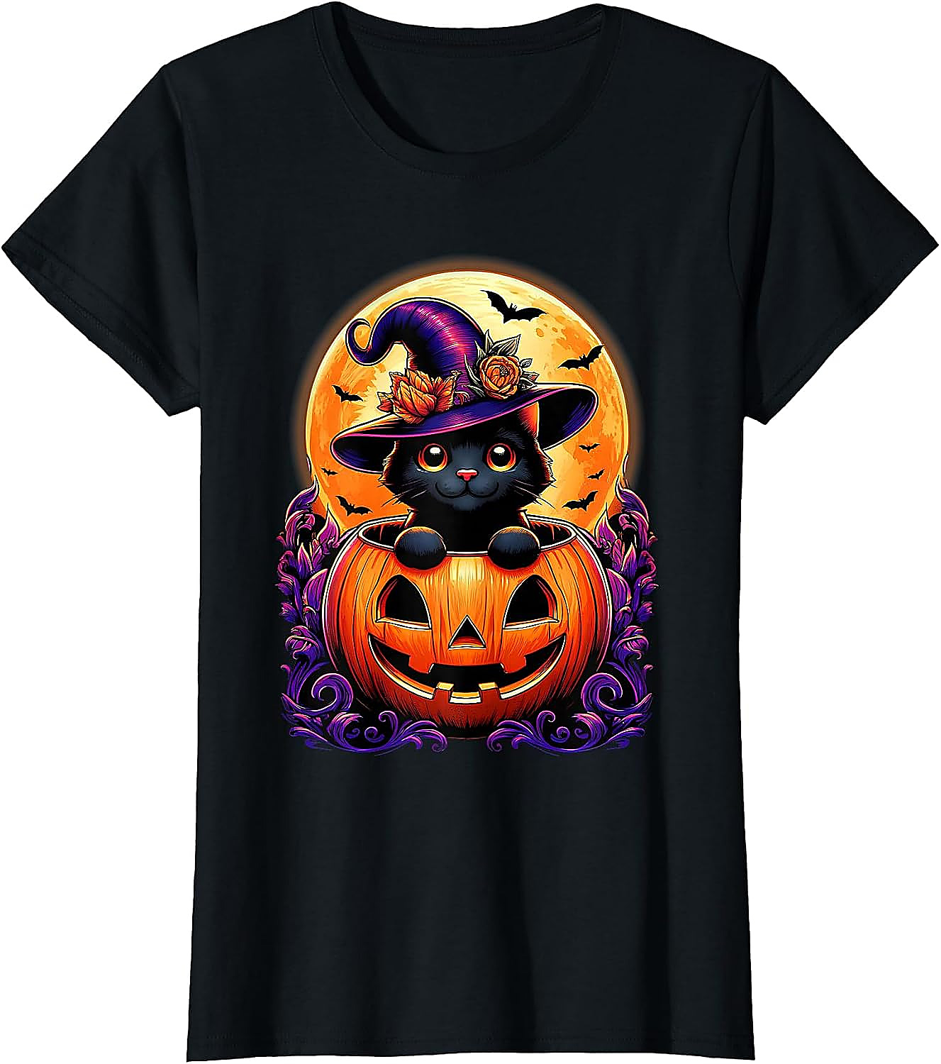 Black Cat Pumpkin Halloween T-Shirt | Cute Witch Graphic Tee