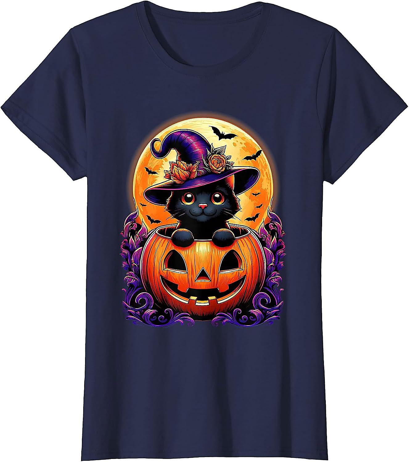 Black Cat Pumpkin Halloween T-Shirt | Cute Witch Graphic Tee