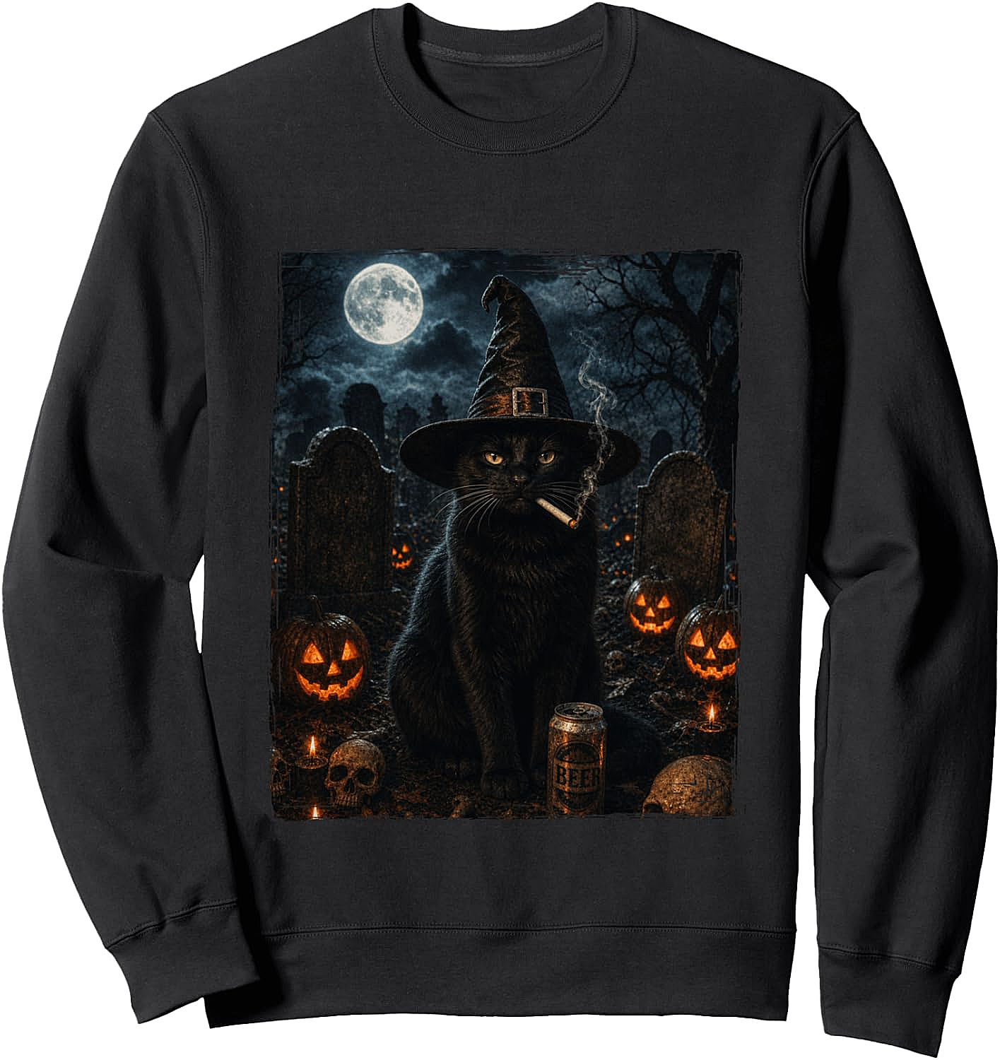 Spooky Cat Smoking Sweatshirt Funny Halloween Black Cat